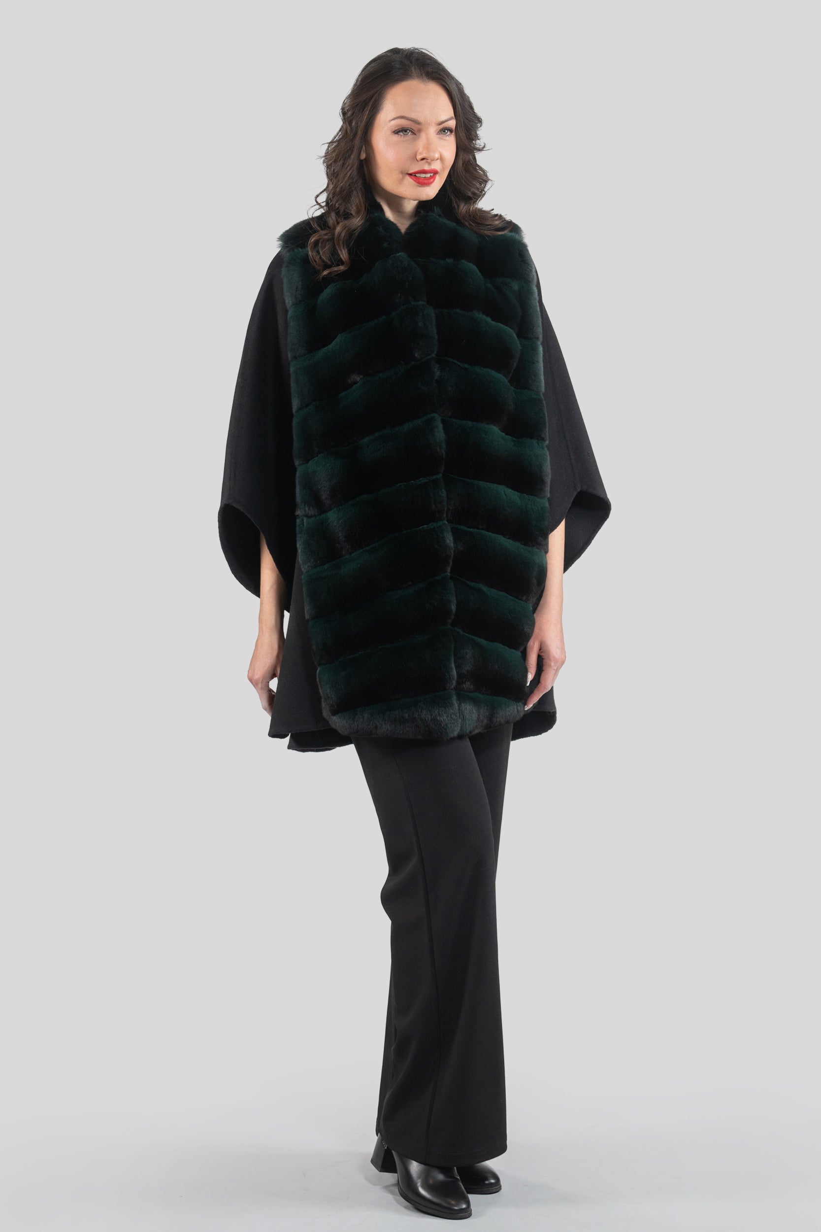 Black Cashmere Cape with Green Chinchilla Trim 18M950