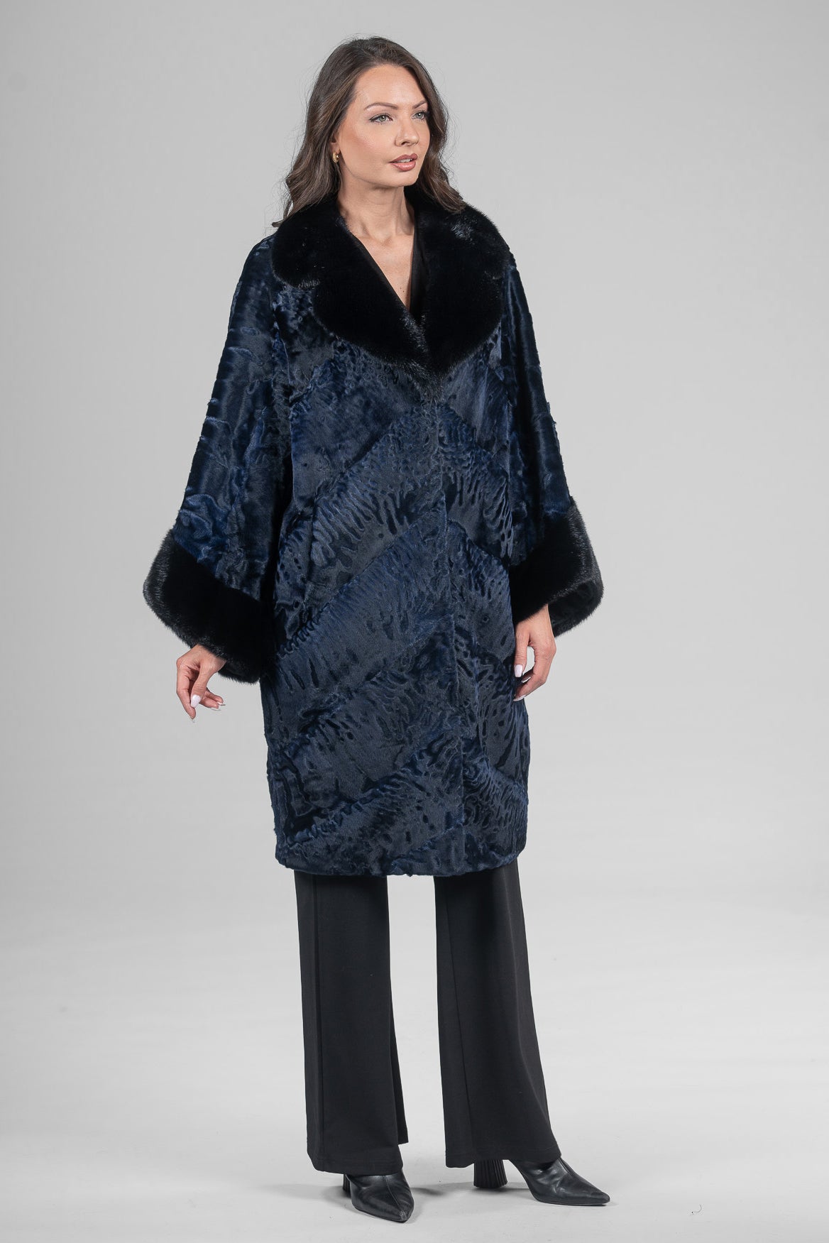 Blue-Black Swakara Half-Coat Mink Trim with Notch Collar A/K13C848gs20v30