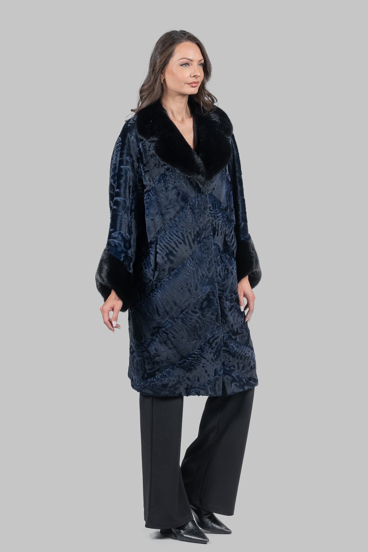 Blue-Black Swakara Half-Coat Mink Trim with Notch Collar A/K13C848gs20v30