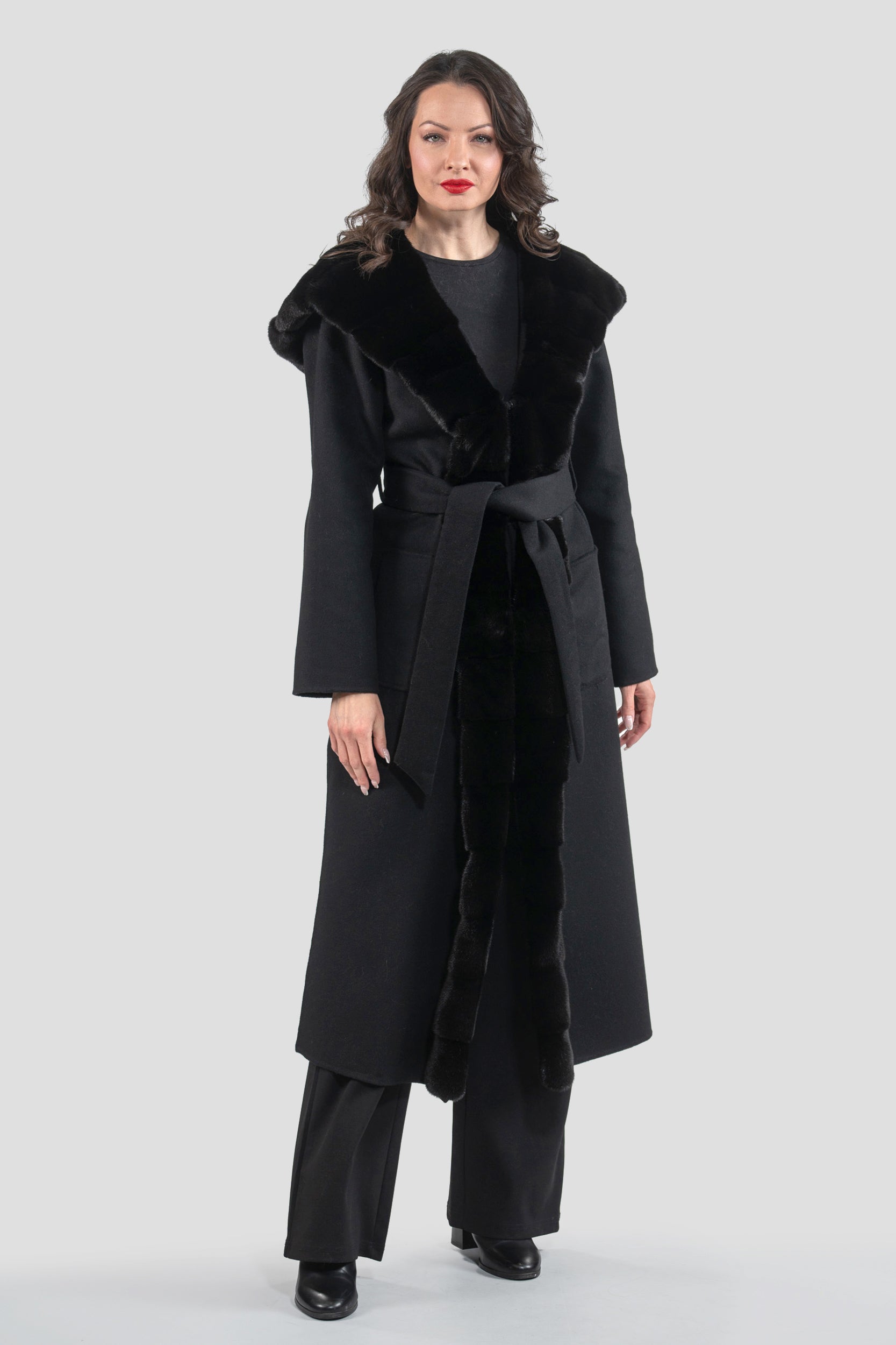 Black Cashmere Hooded Coat with Mink Trim 21C6080H