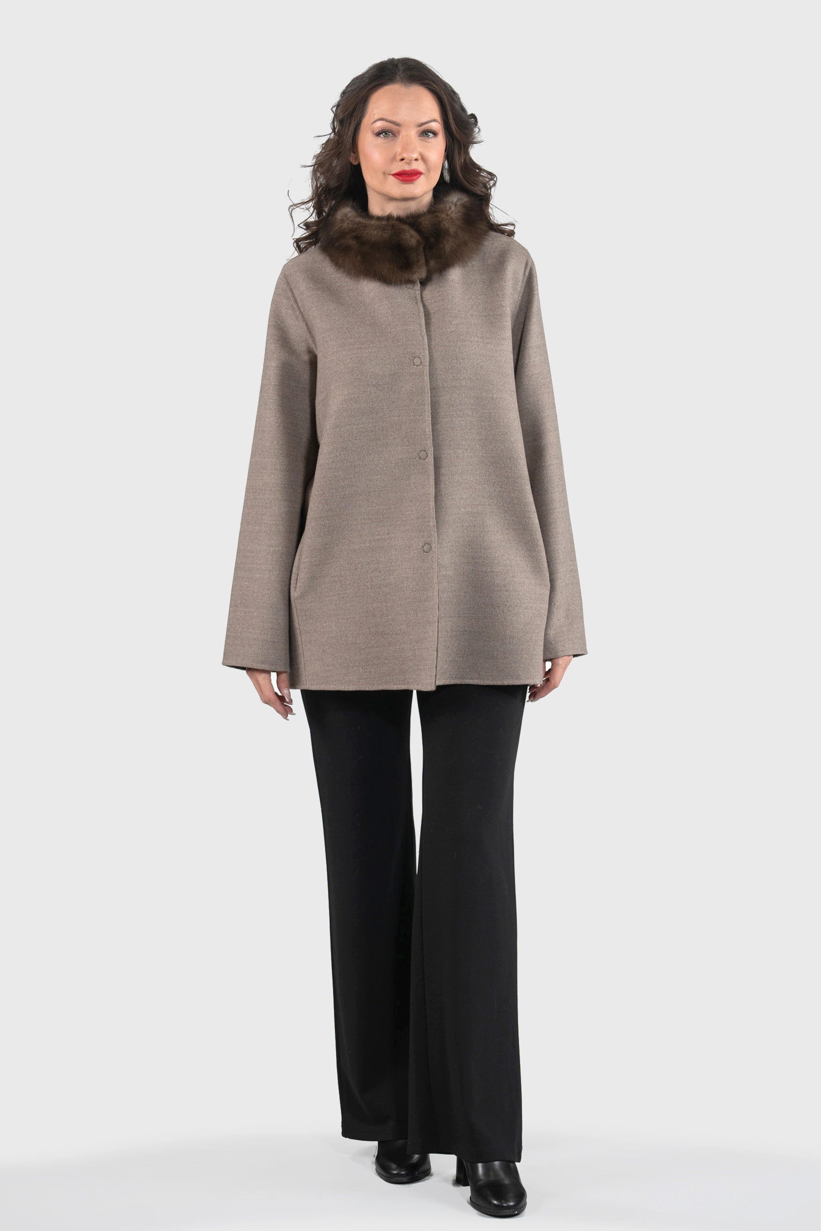 Grey Brown Cashmere Jacket with Russian Sable Stand Collar 17C8003G530