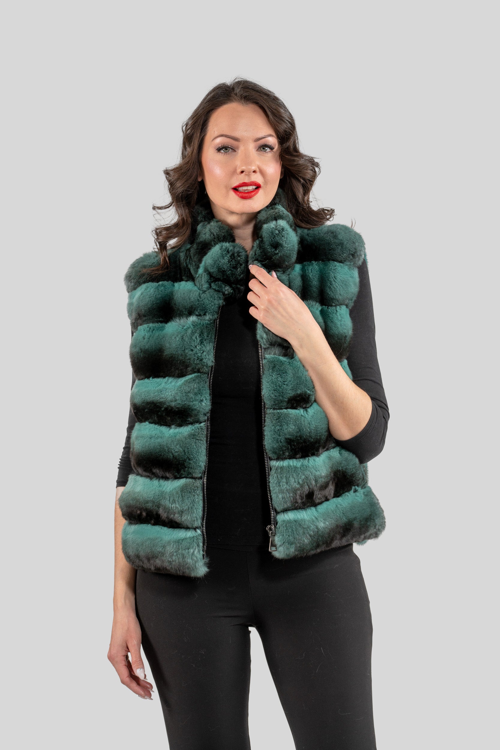 Emerald Green Chinchilla Fur Vest with Stand Collar and Mink Trim P/K2201