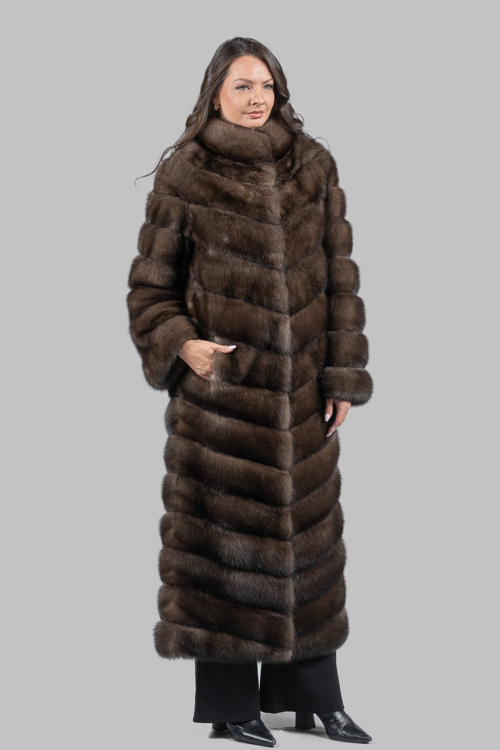 Graphite Sable Long Coat with Stand Collar V/K13C530