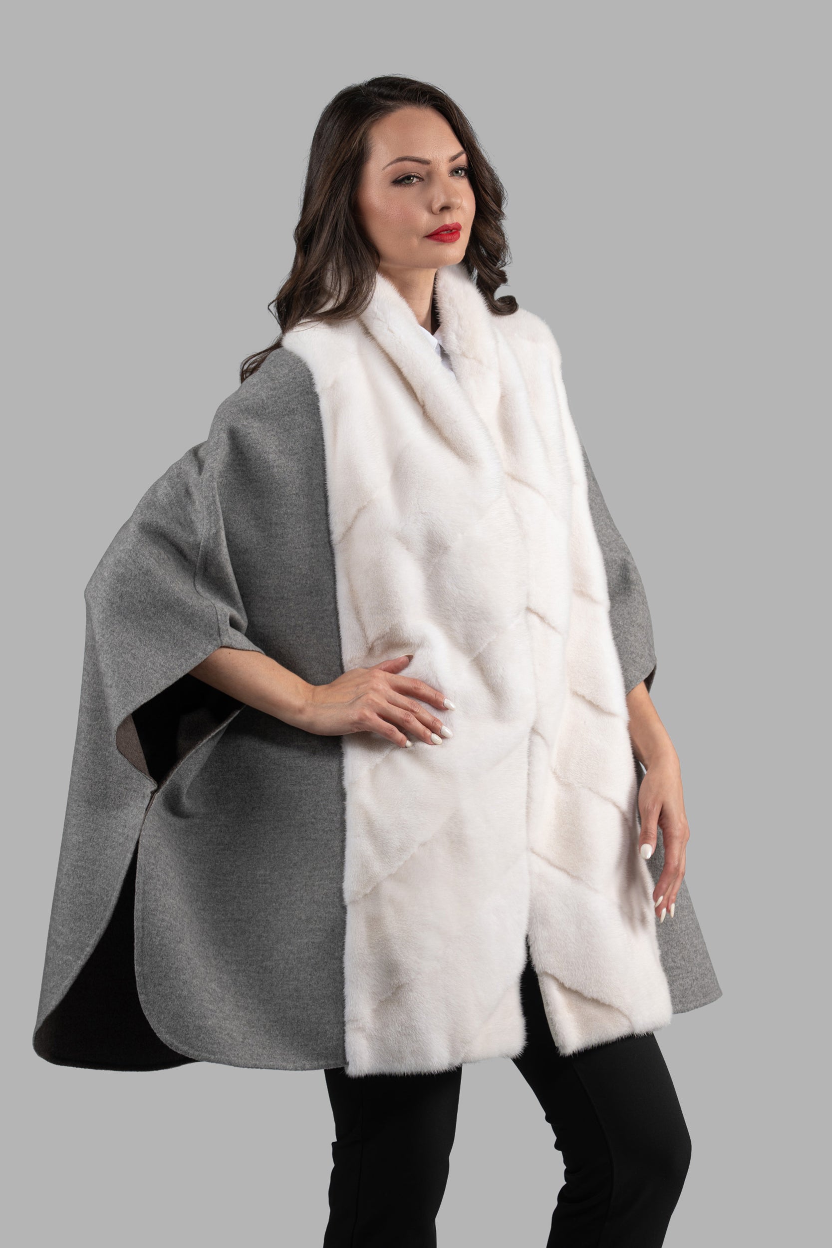 Grey Brown Cashmere Cape with Mink Trim 18M950