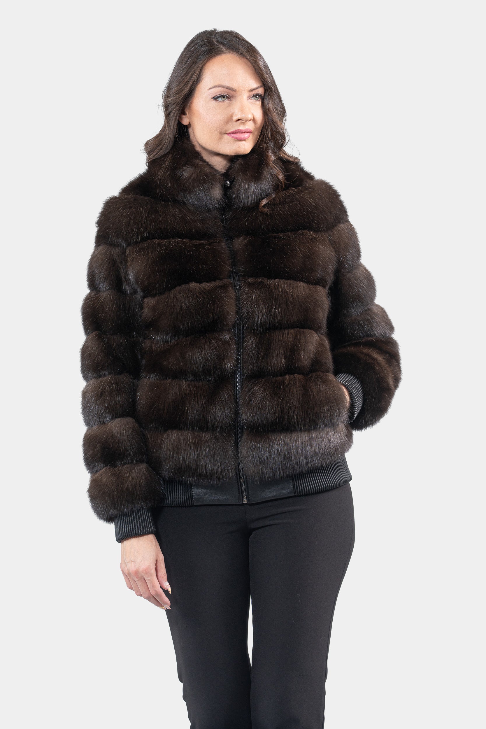 Reversible Dark Russian Sable Bomber Jacket with Stand Collar P/K228