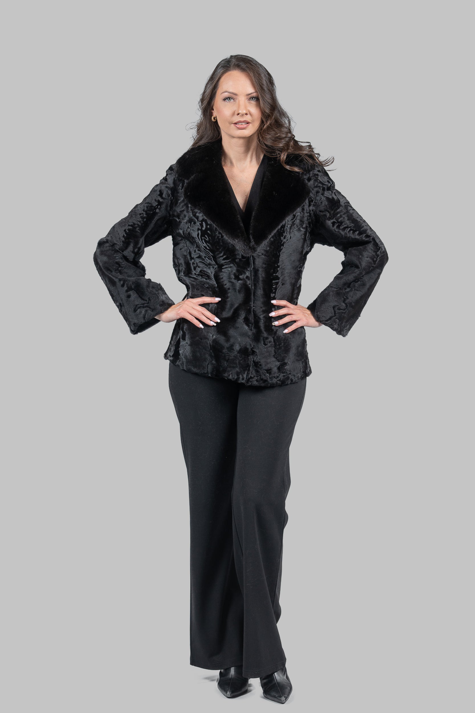Black Swakara Jacket with Mink-Trimmed Notch Collar S/S13C528s20
