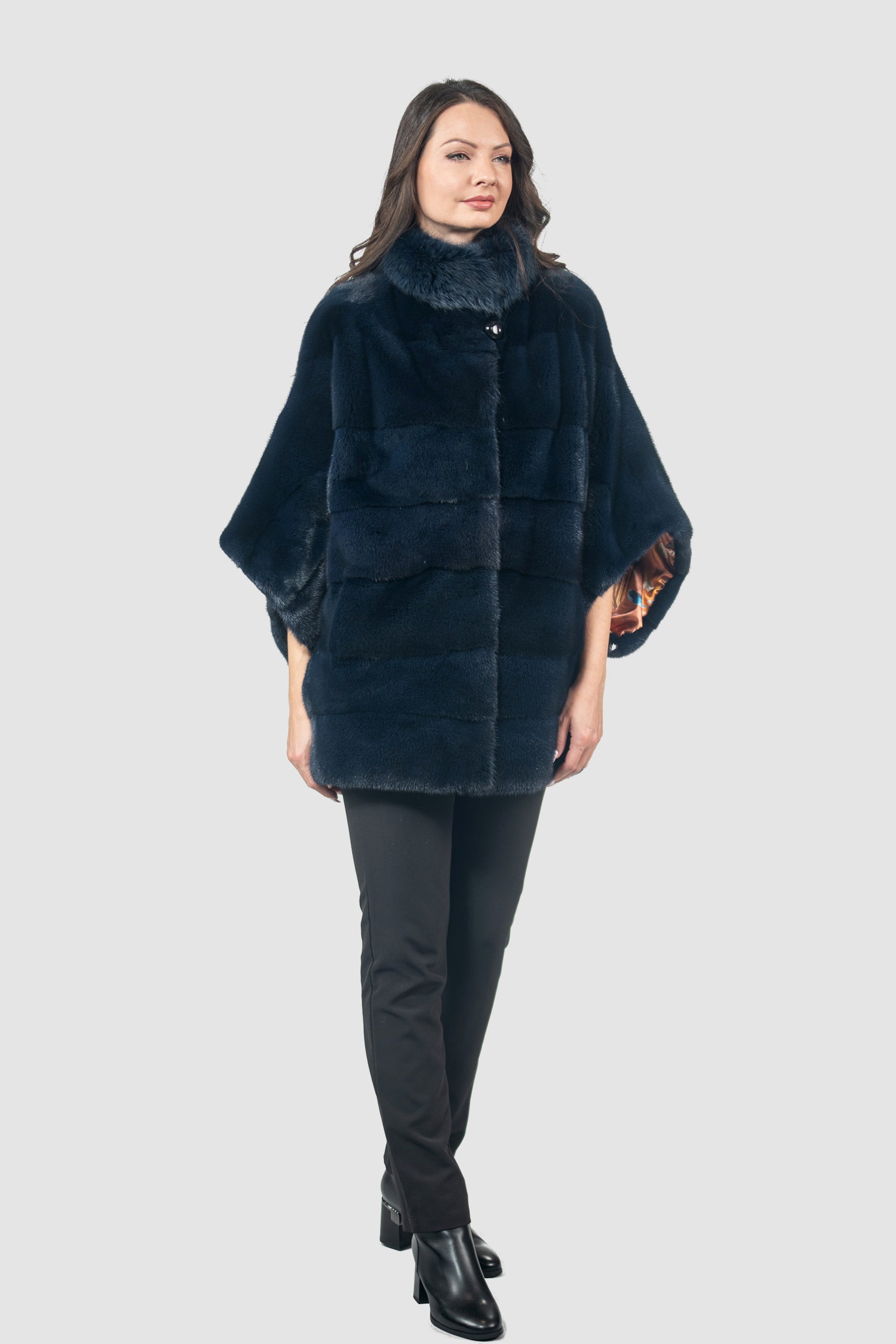 Blue Black Mink Cape with Russian Sable Stand Collar P/K13C959