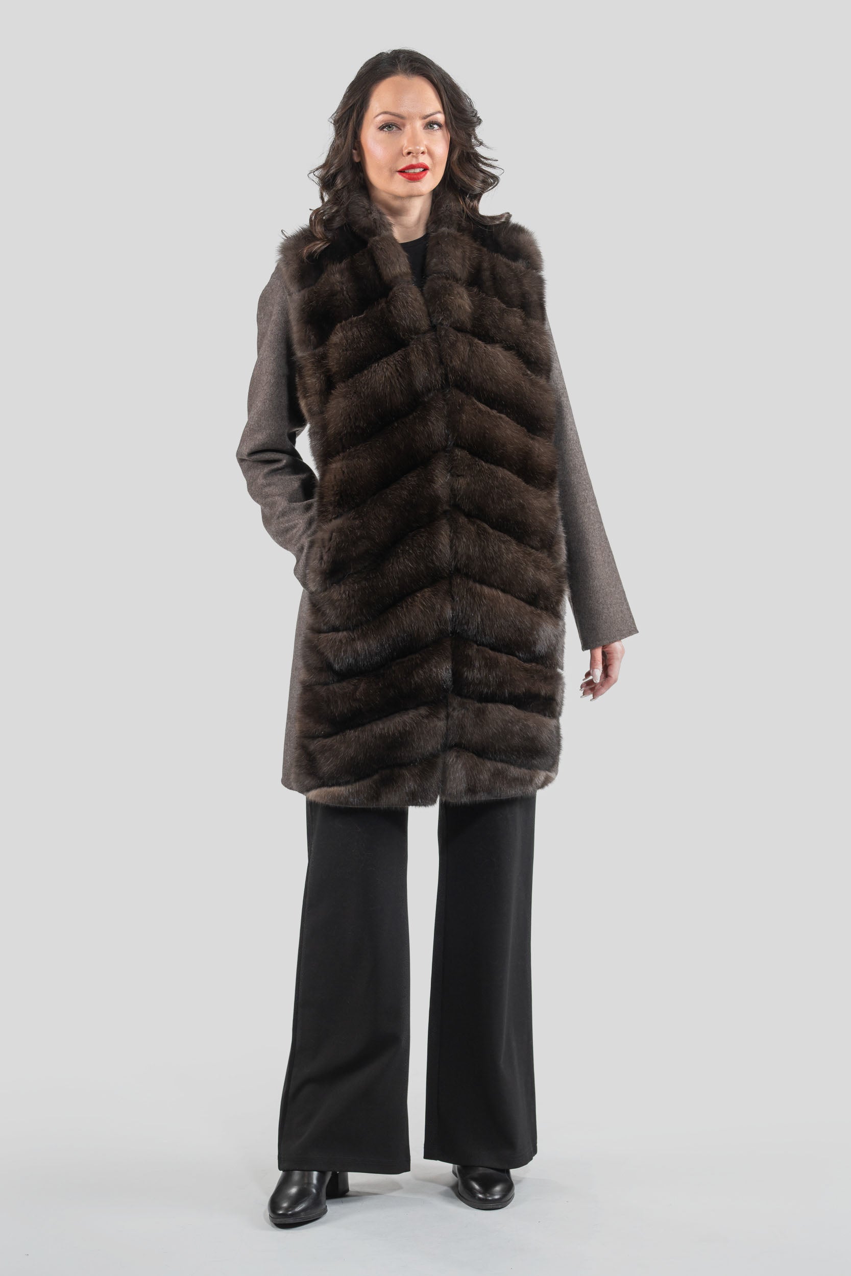 Brown Grey Cashmere Half Coat & Vest with Russian Sable Trim 17C8003s