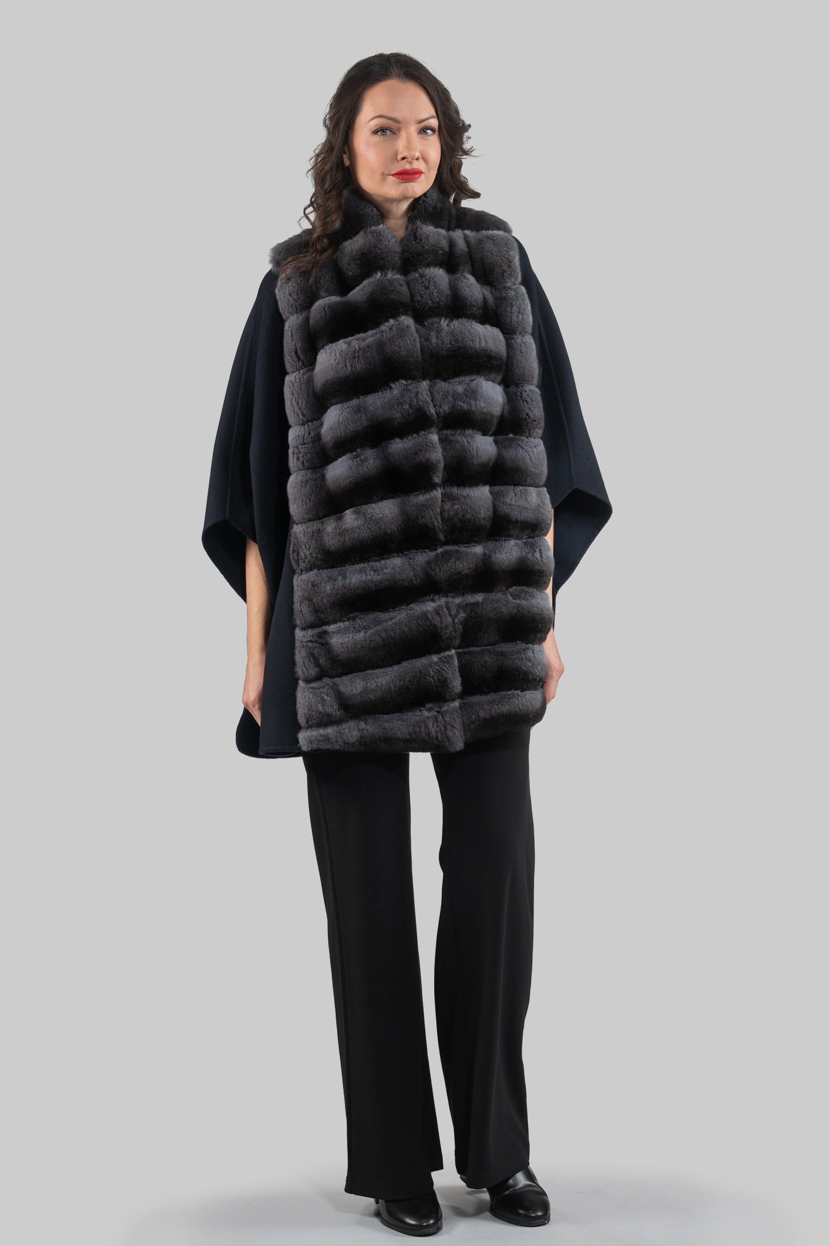 Blue Black Cashmere Cape with Oracle Chinchilla Trim 18M950