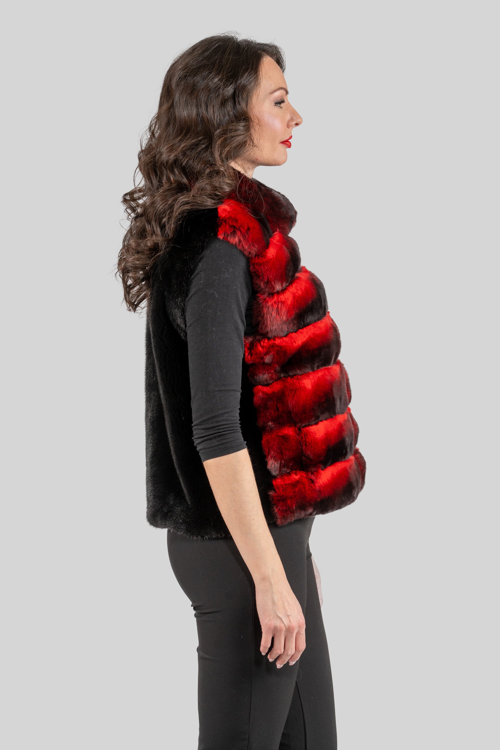 Red Chinchilla Vest with Stand Collar and Mink Trim P/K2201