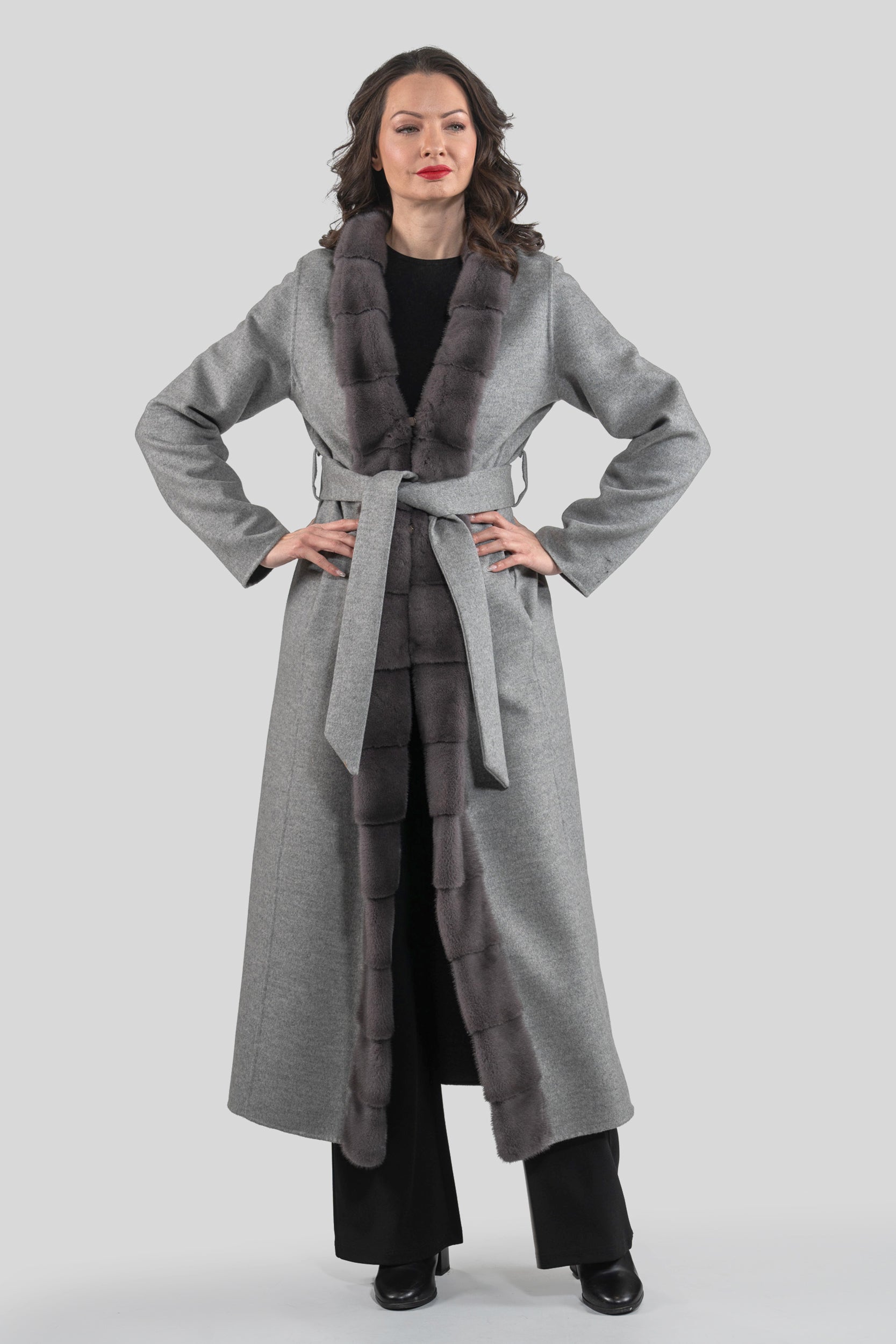 Grey Brown Cashmere Coat with Mink Trim 21C6080