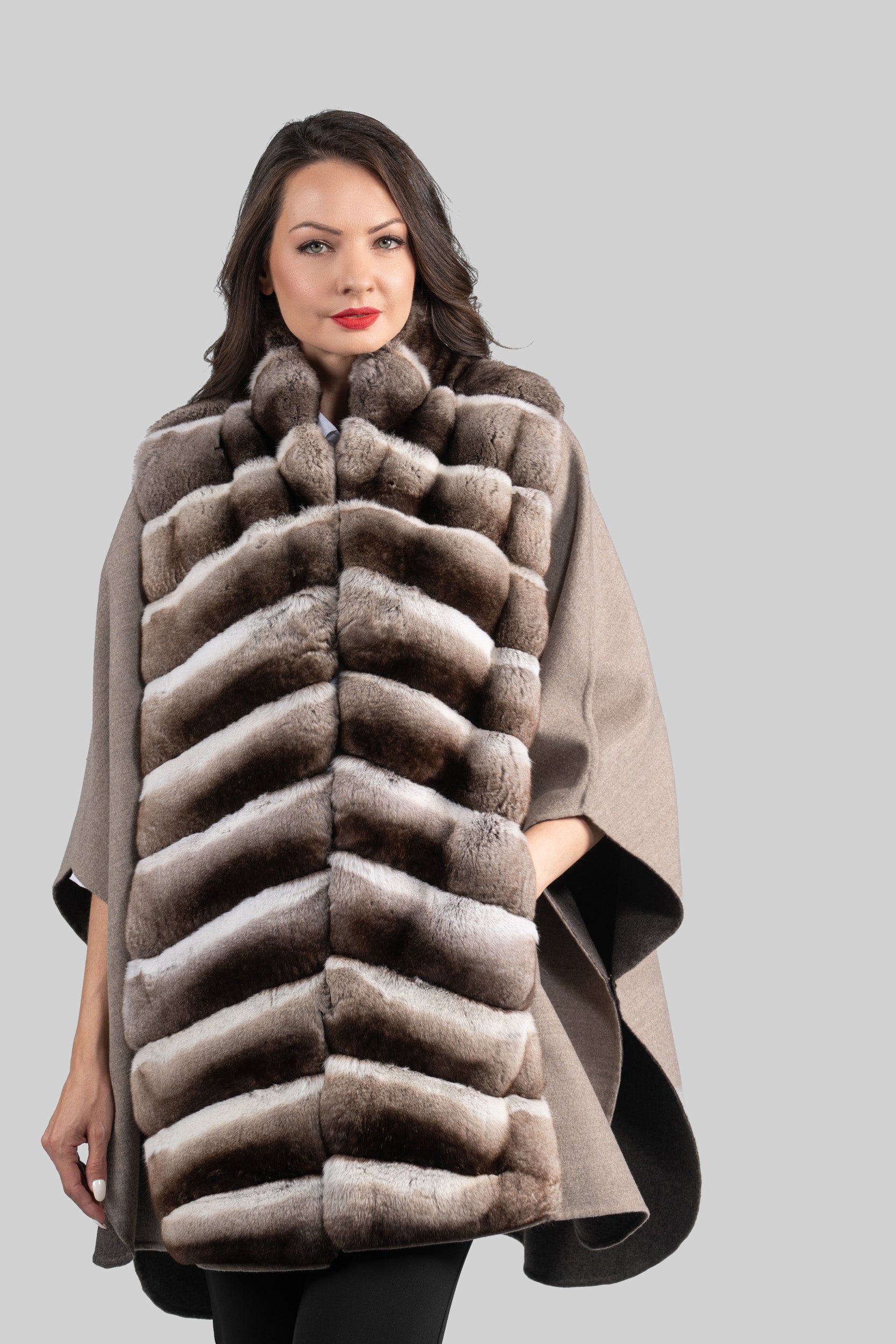 Grey Brown Cashmere Cape with Chinchilla Trim 18M950