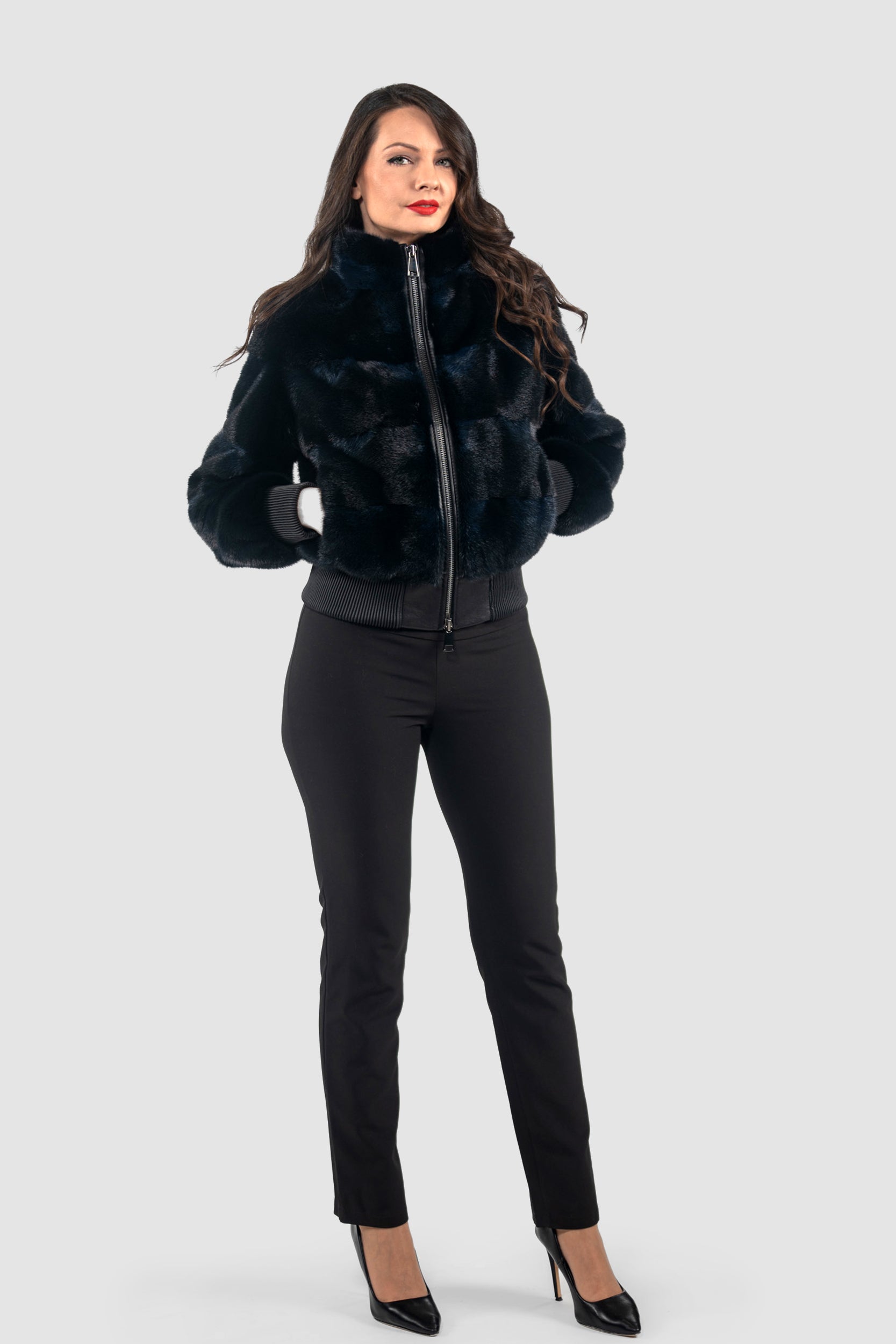 Blue Black Mink Bomber Jacket with Stand Collar P/K13C224