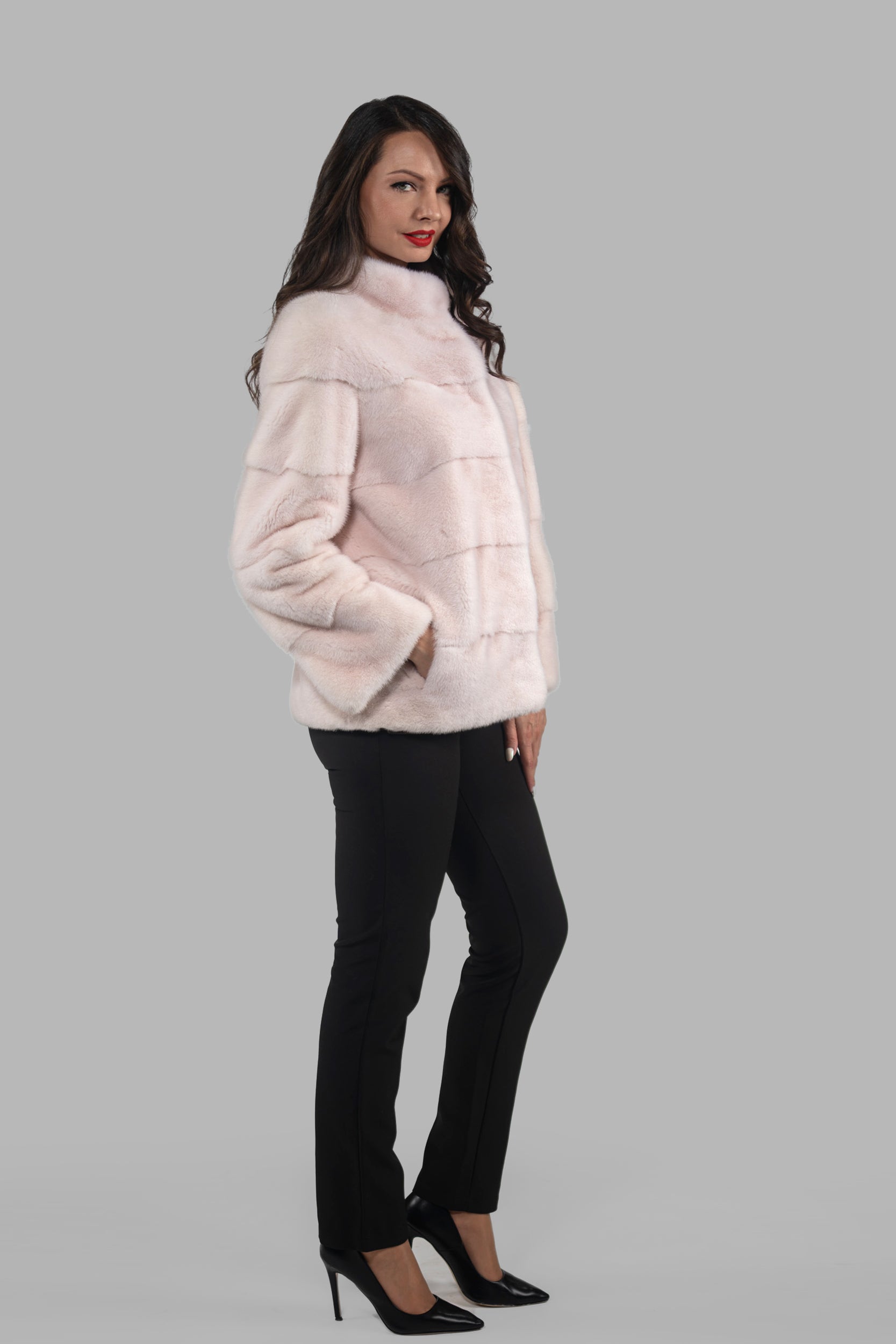 Powder Pink Mink Jacket with Stand Collar P/K13C528