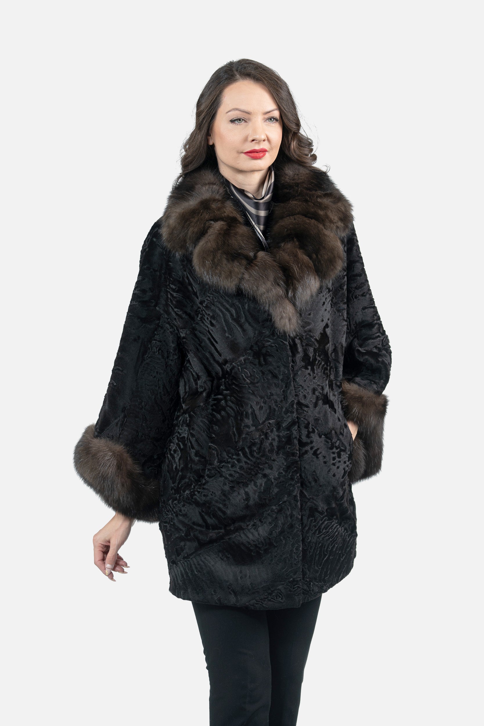 Black Swakara Cape with Russian Sable Notch Collar A/K13C848gs20v30