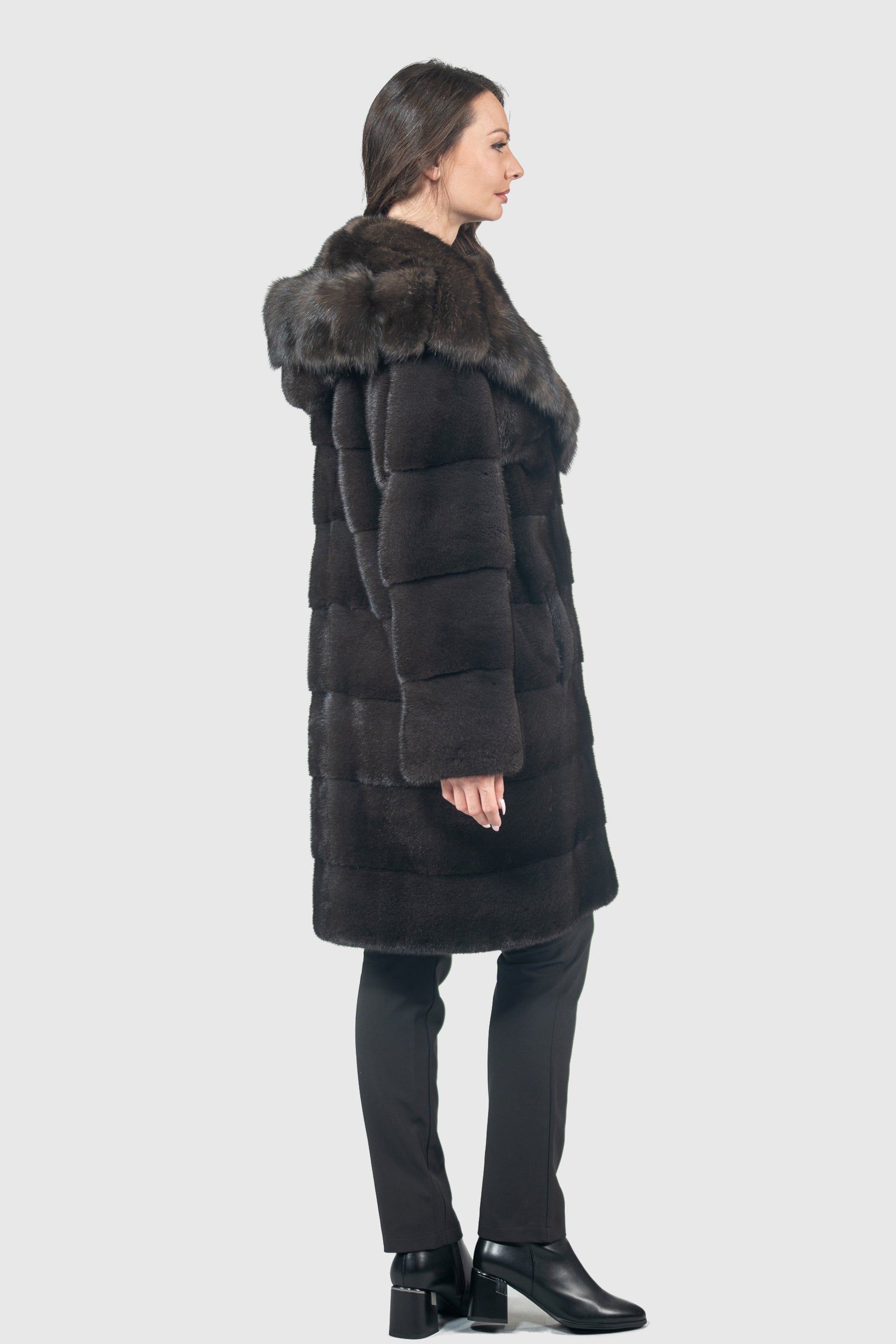 Grigio Mink Half Coat with Russian Sable Hood P/K13C540