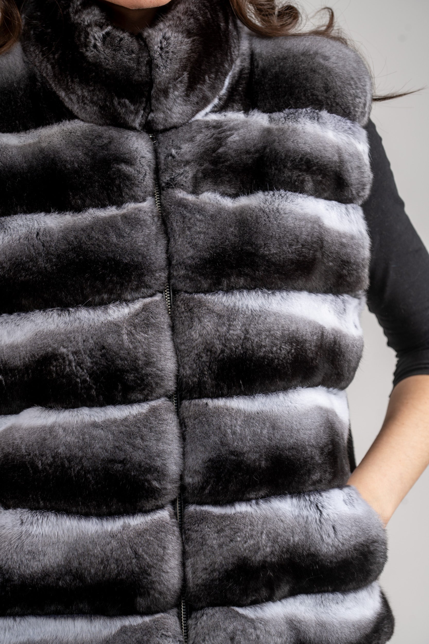 Natural Chinchilla Fur Vest with Stand Collar and Mink Trim P/K2201
