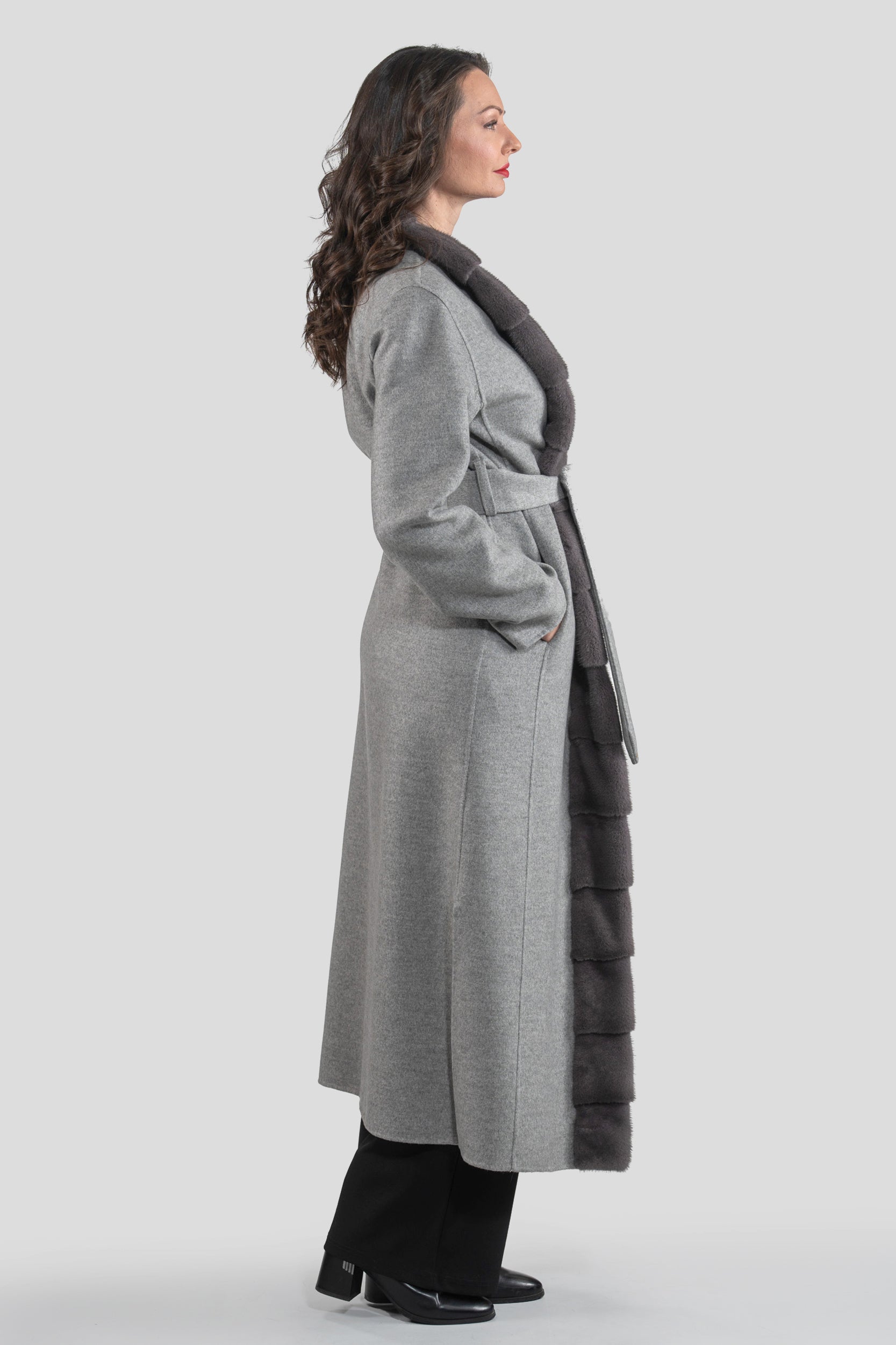 Grey Brown Cashmere Coat with Mink Trim 21C6080