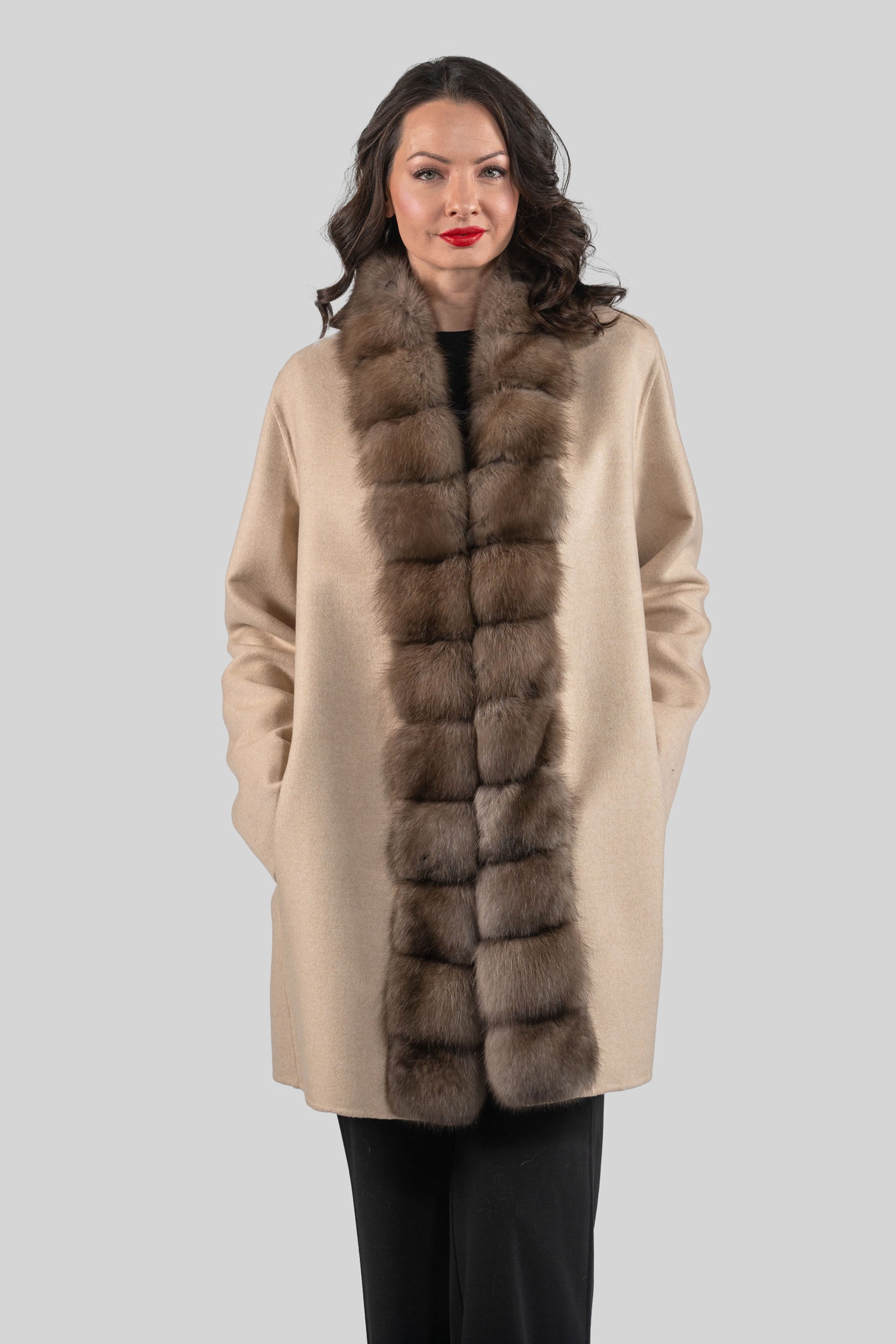 Ecru Cashmere Half Coat with Russian Sable Trim 21C6080