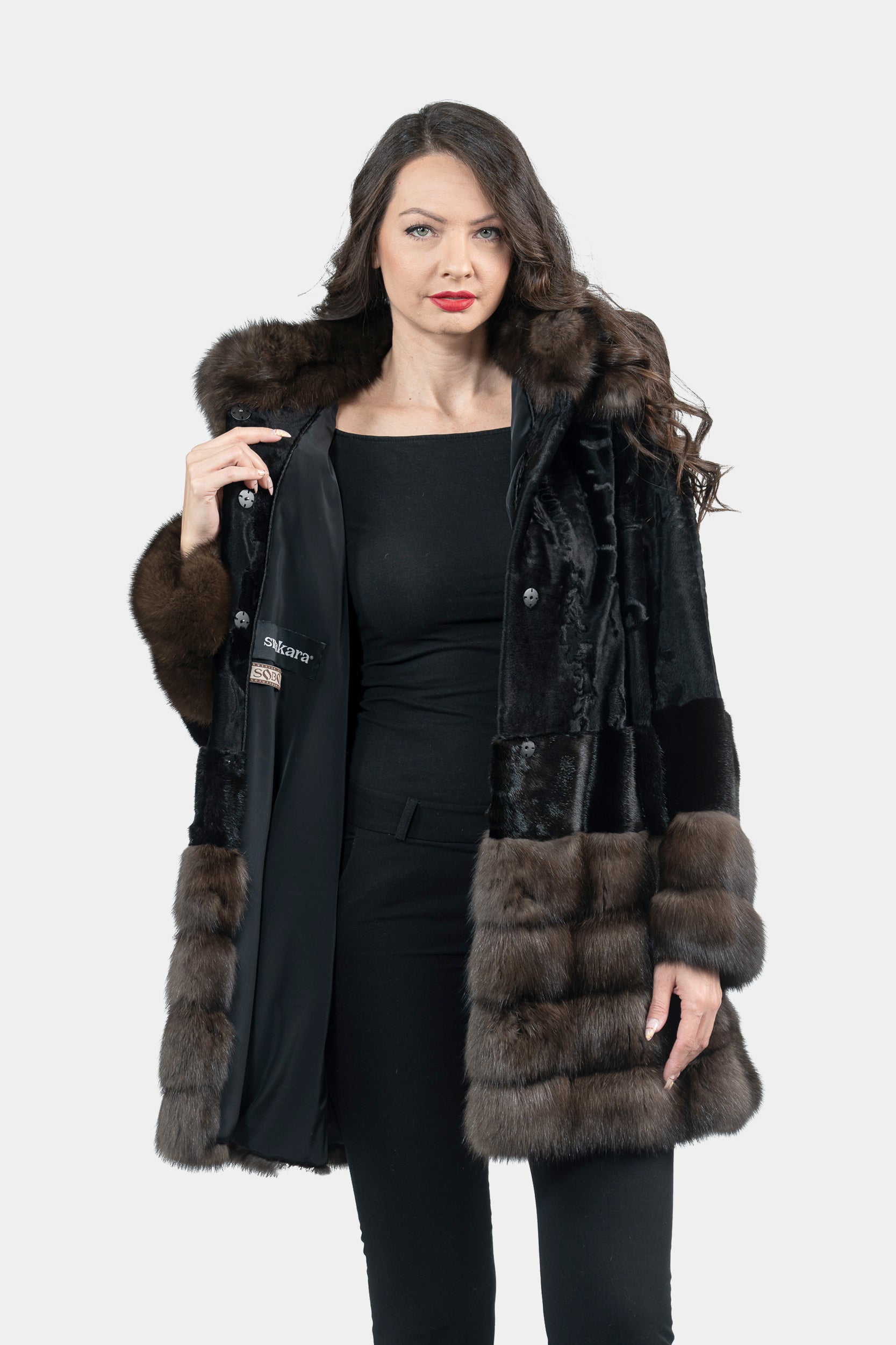 Black Swakara Hooded Half Coat with Mink and Russian Sable Trim S/SR/K4535