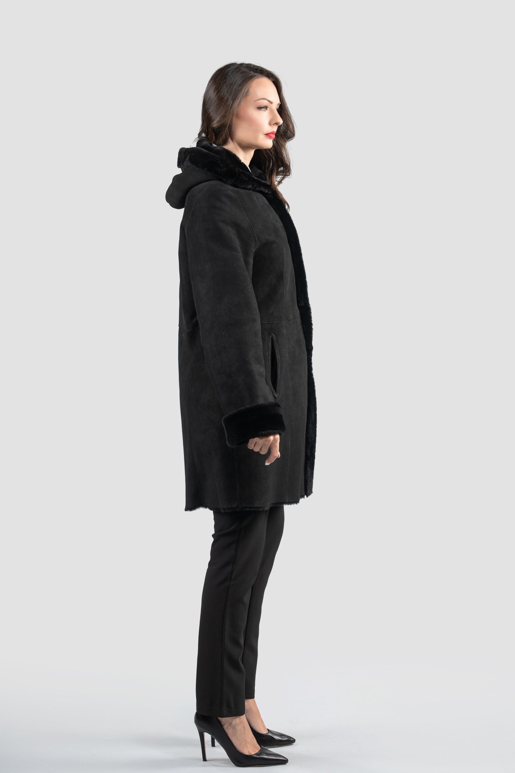 Hooded Black Half Coat In Spanish Merino 207H
