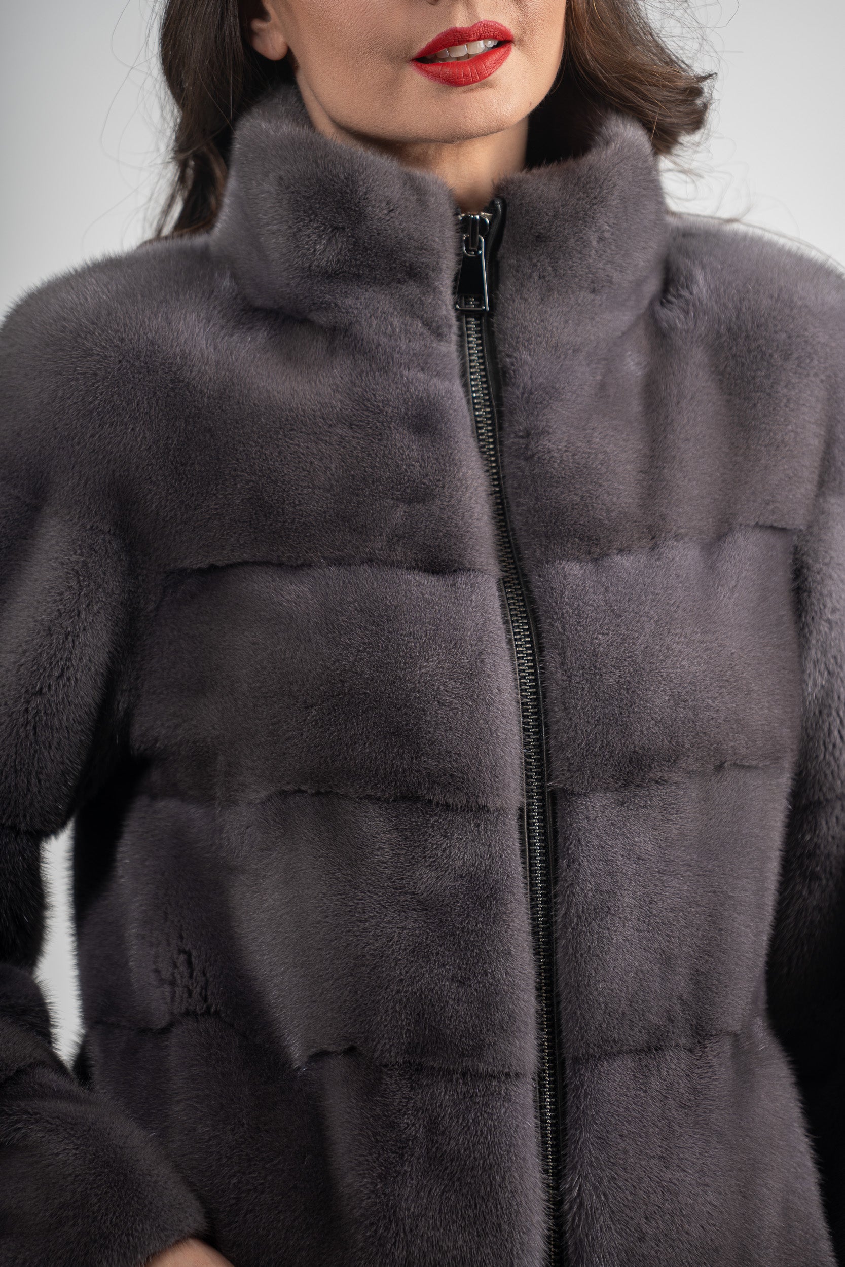 Grey Moon Mink Jacket with Stand Collar and Zipper P/K13C224