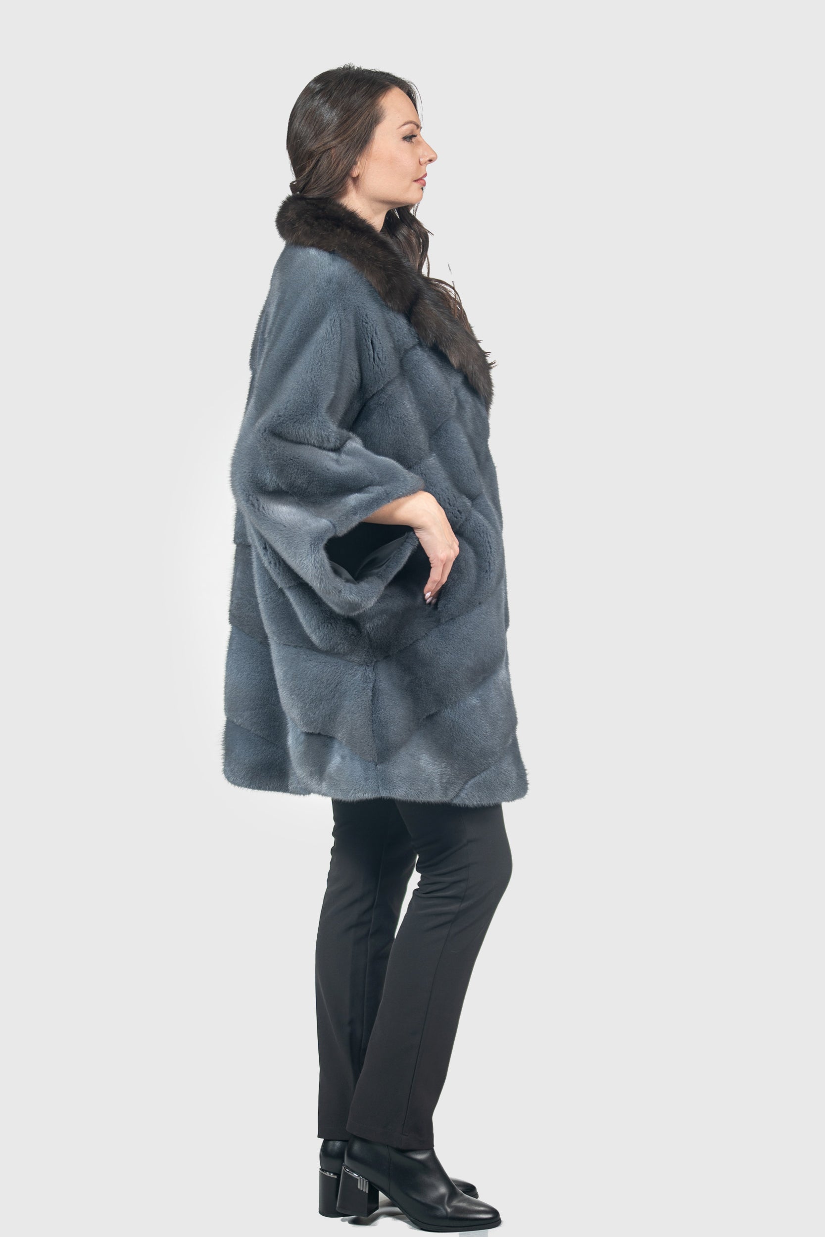 Asphalto Mink Cape with Russian Sable-Trimmed Notch Collar P/K13C949
