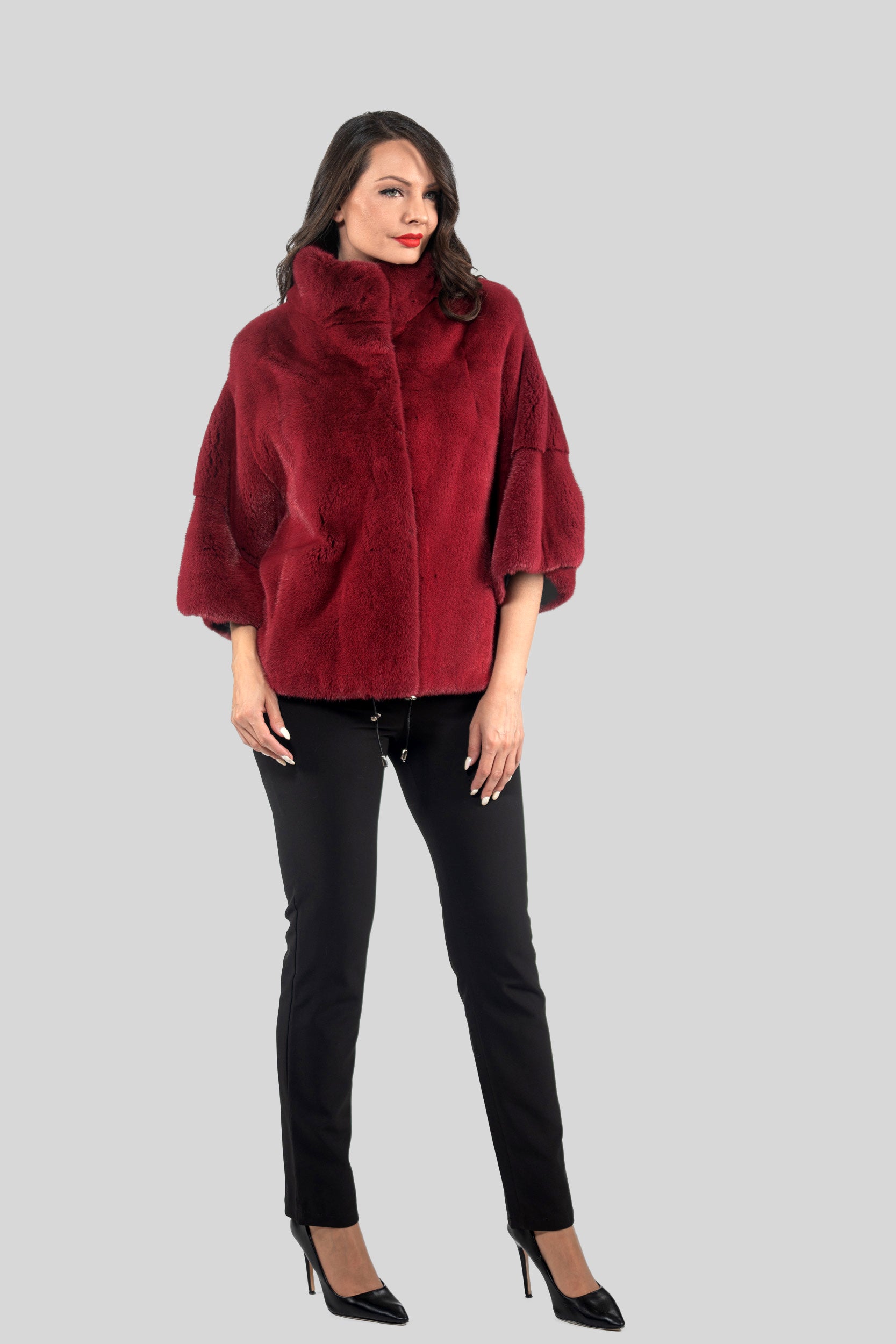 Cerise Mink Jacket with Stand Collar and Short Sleeves L/O13C138