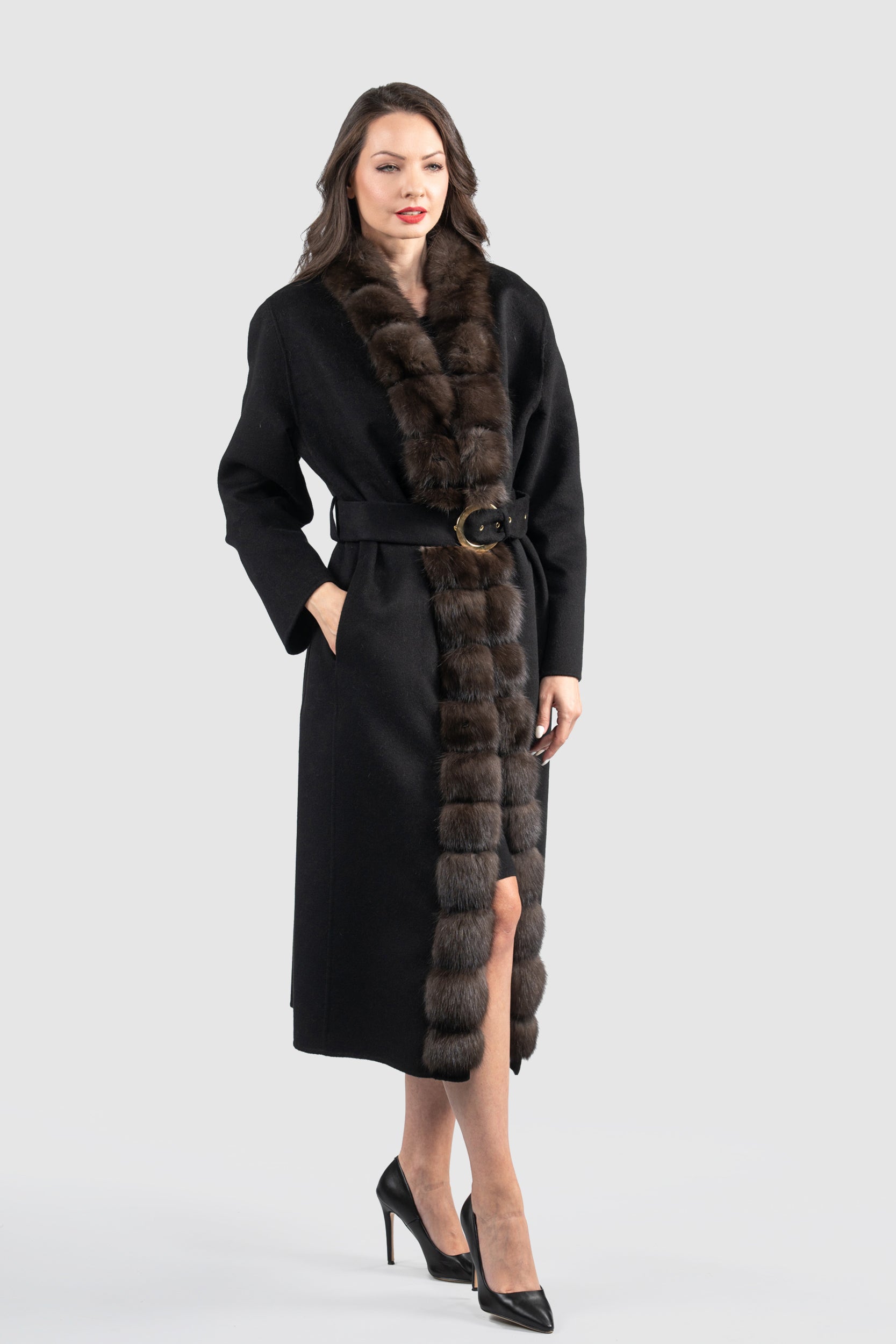 Black Cashmere Coat with Russian Sable Trim 21C6080