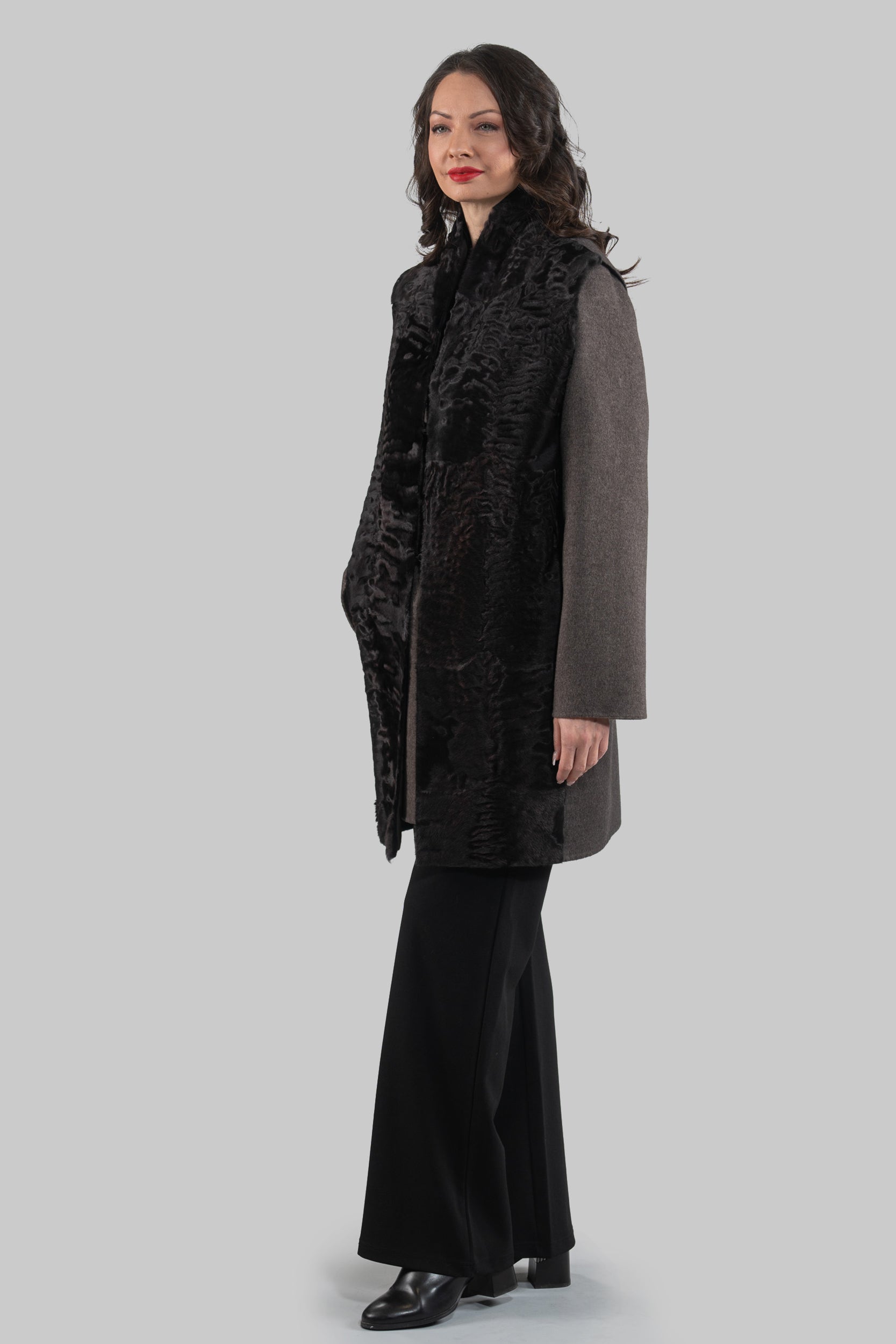 Grey Cashmere Half Coat & Vest with Swakara Fur Trim 17C8003