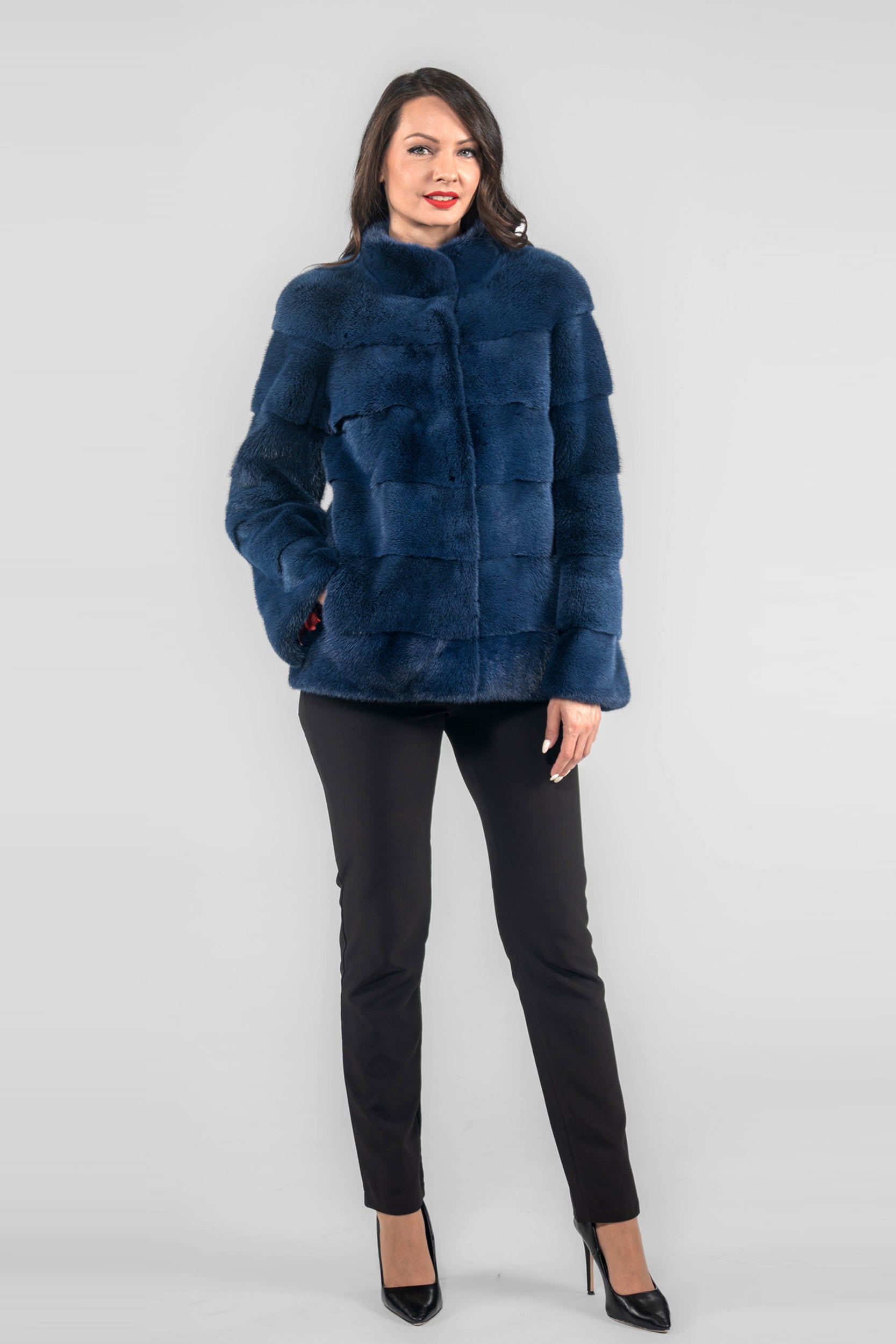 Blue Black Mink Jacket with Stand Collar P/K13C528