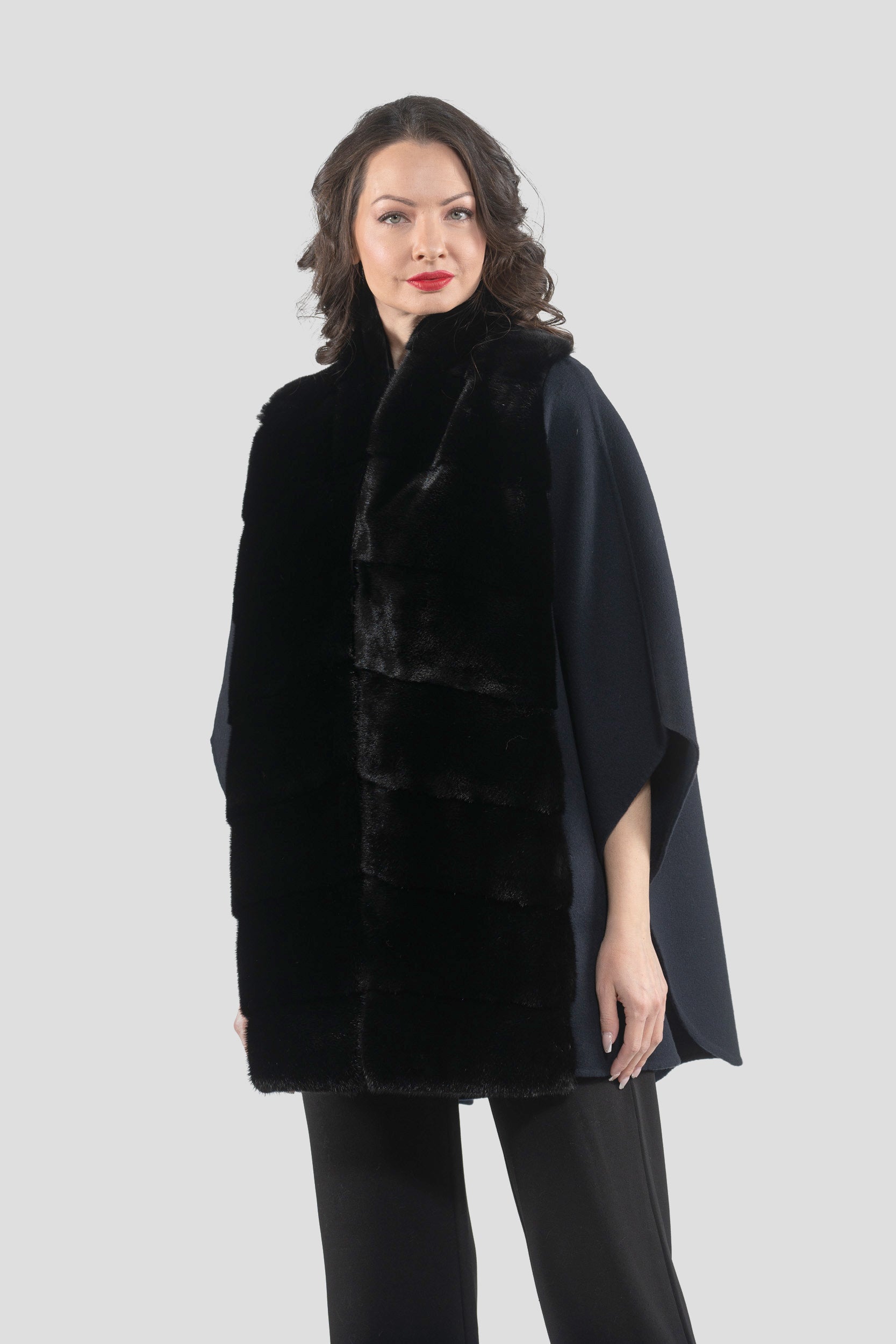 Blue Black Cashmere Cape with Mink Trim 18M950