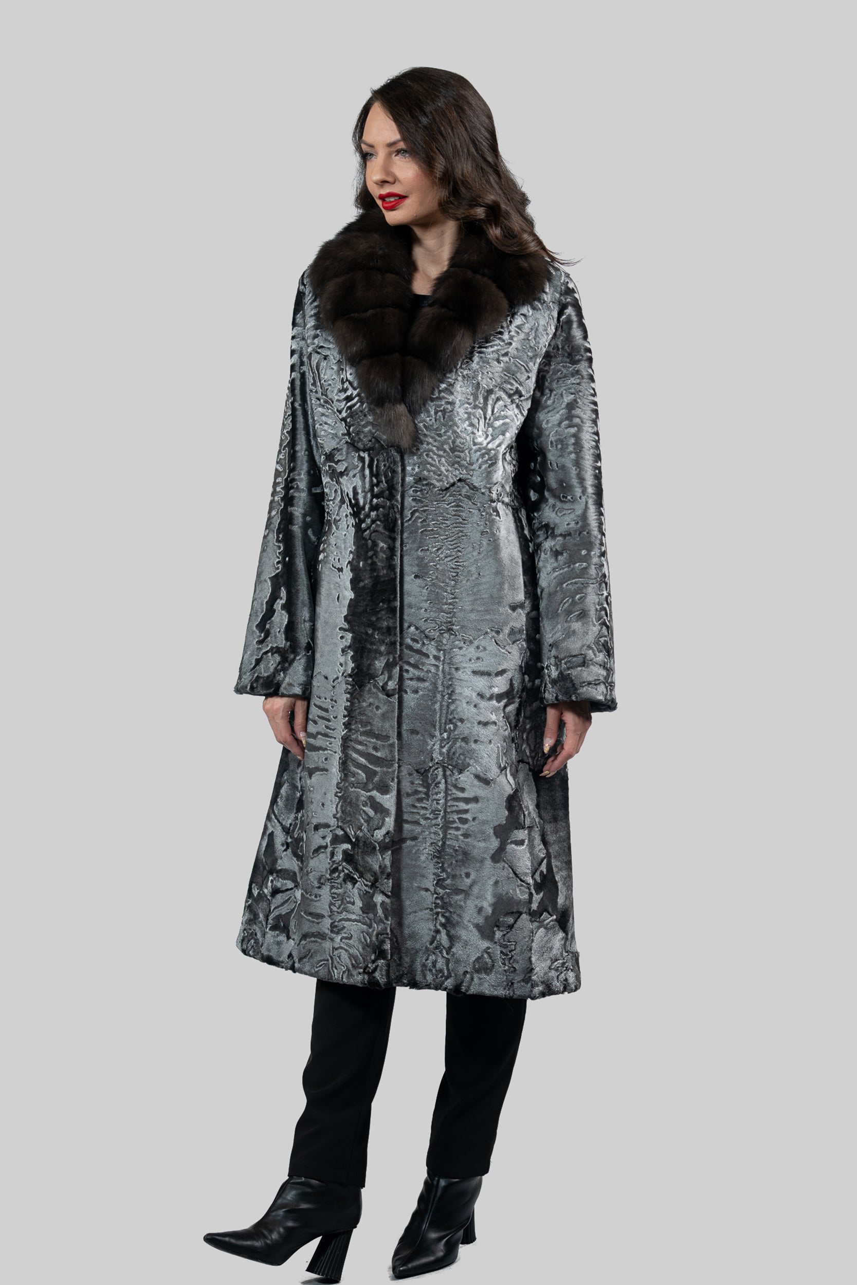Shadow Grey Swakara Coat with Russian Sable Notch Collar S/S13C976