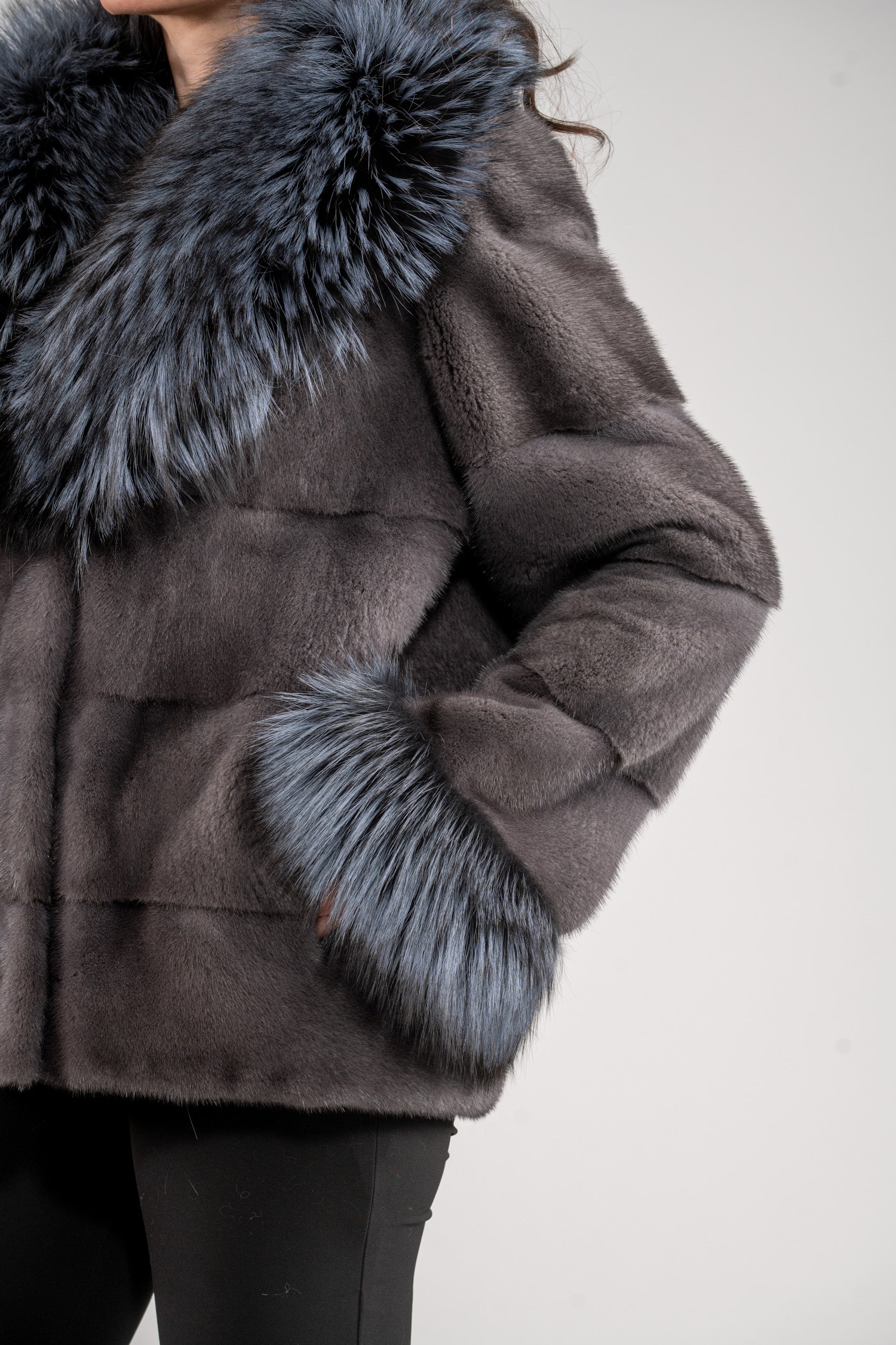 Grey Moon Mink Fur Jacket with Fox Shawl Collar and Cuffs P/K13C528C17