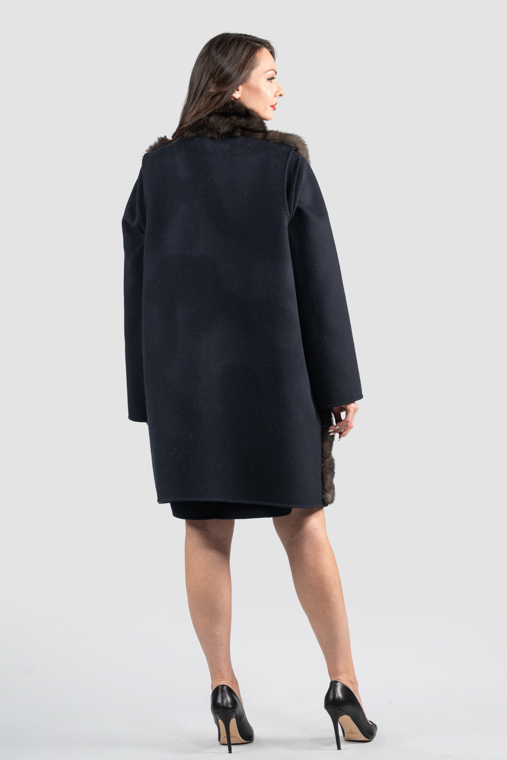 Blue Black Cashmere Half Coat & Vest with Russian Sable Trim 17C8003