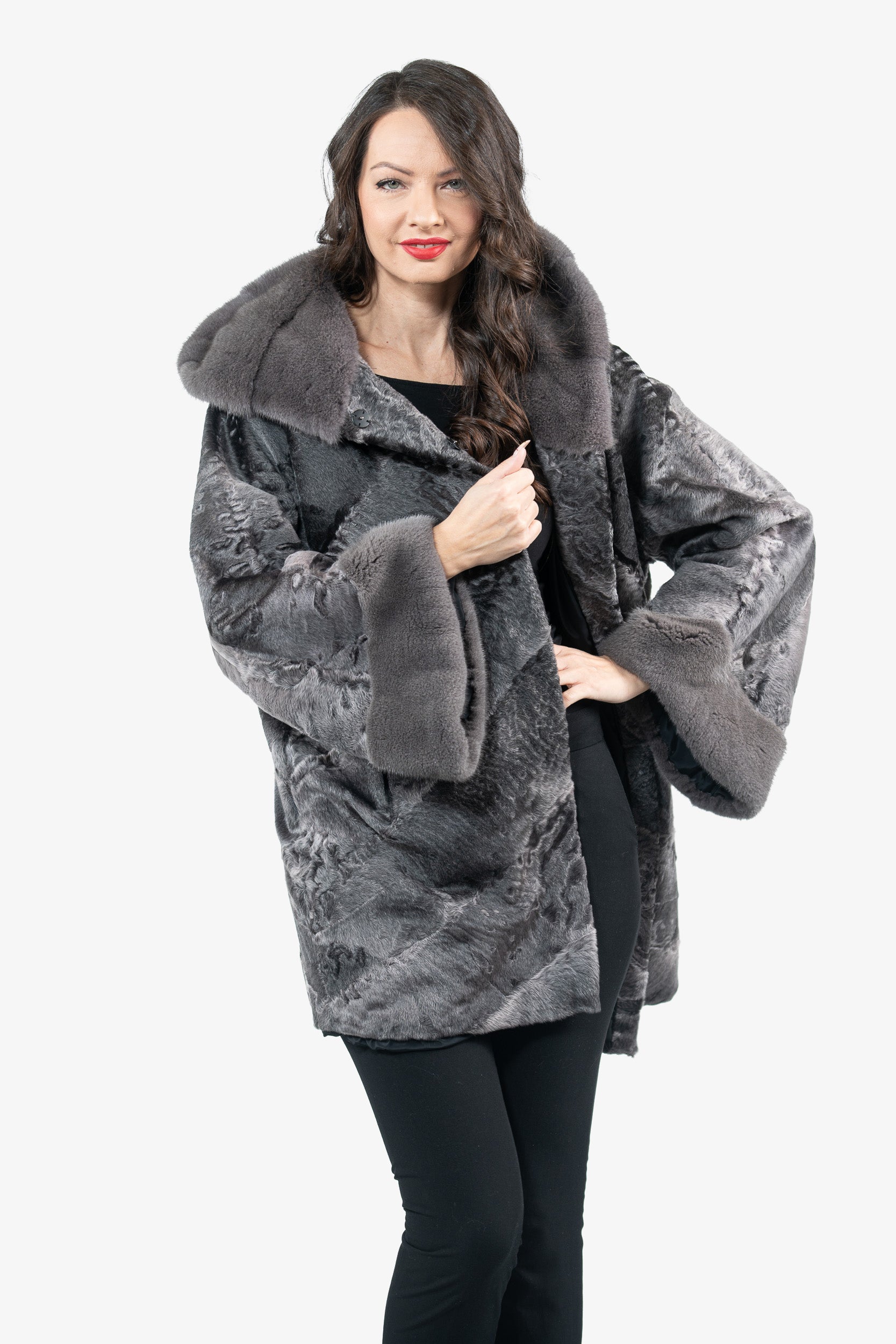 Grey Moon Swakara Half Coat with Mink Trim A/K850V30