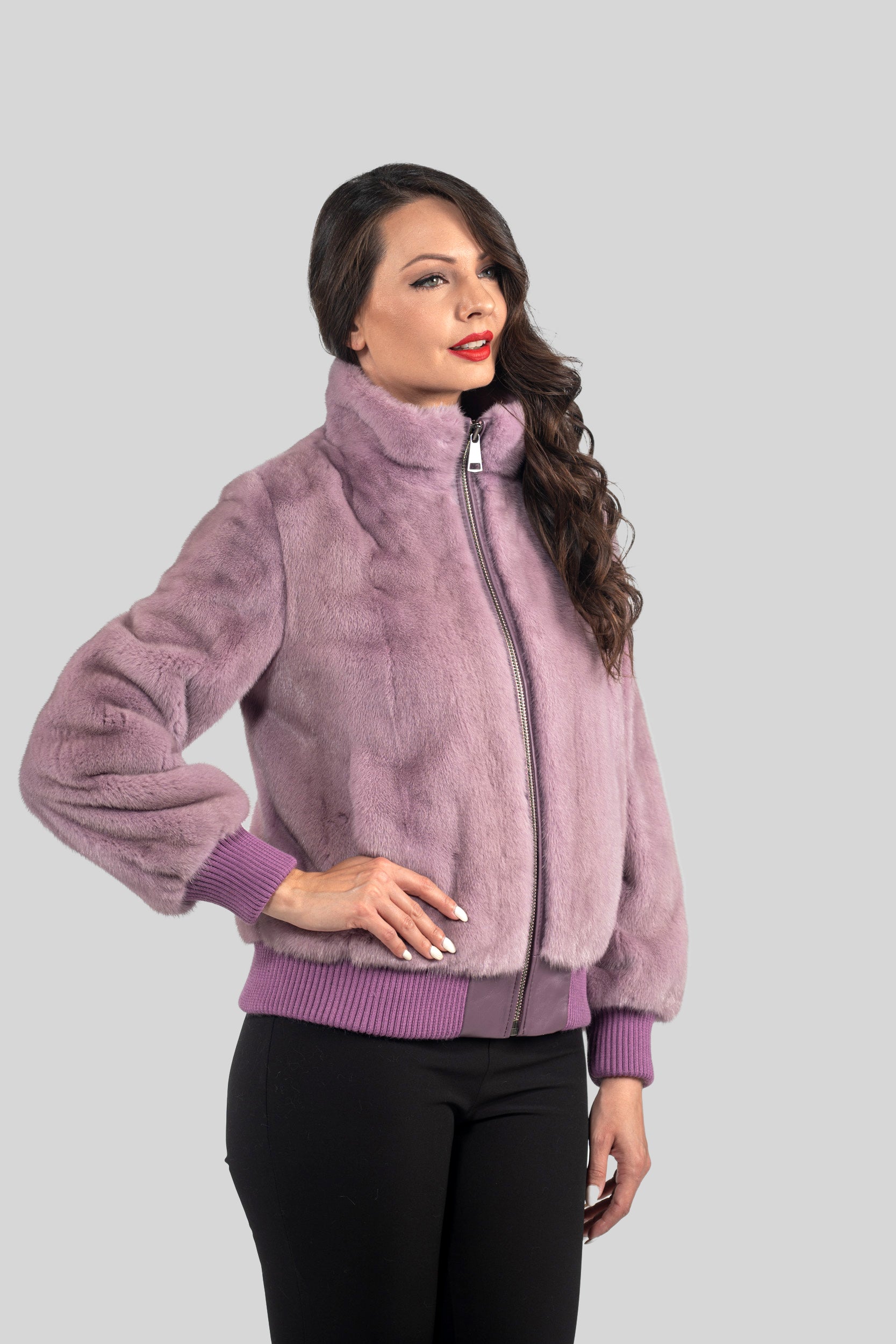 Dark Violet Mink Bomber Jacket with Stand Collar L/O13C224