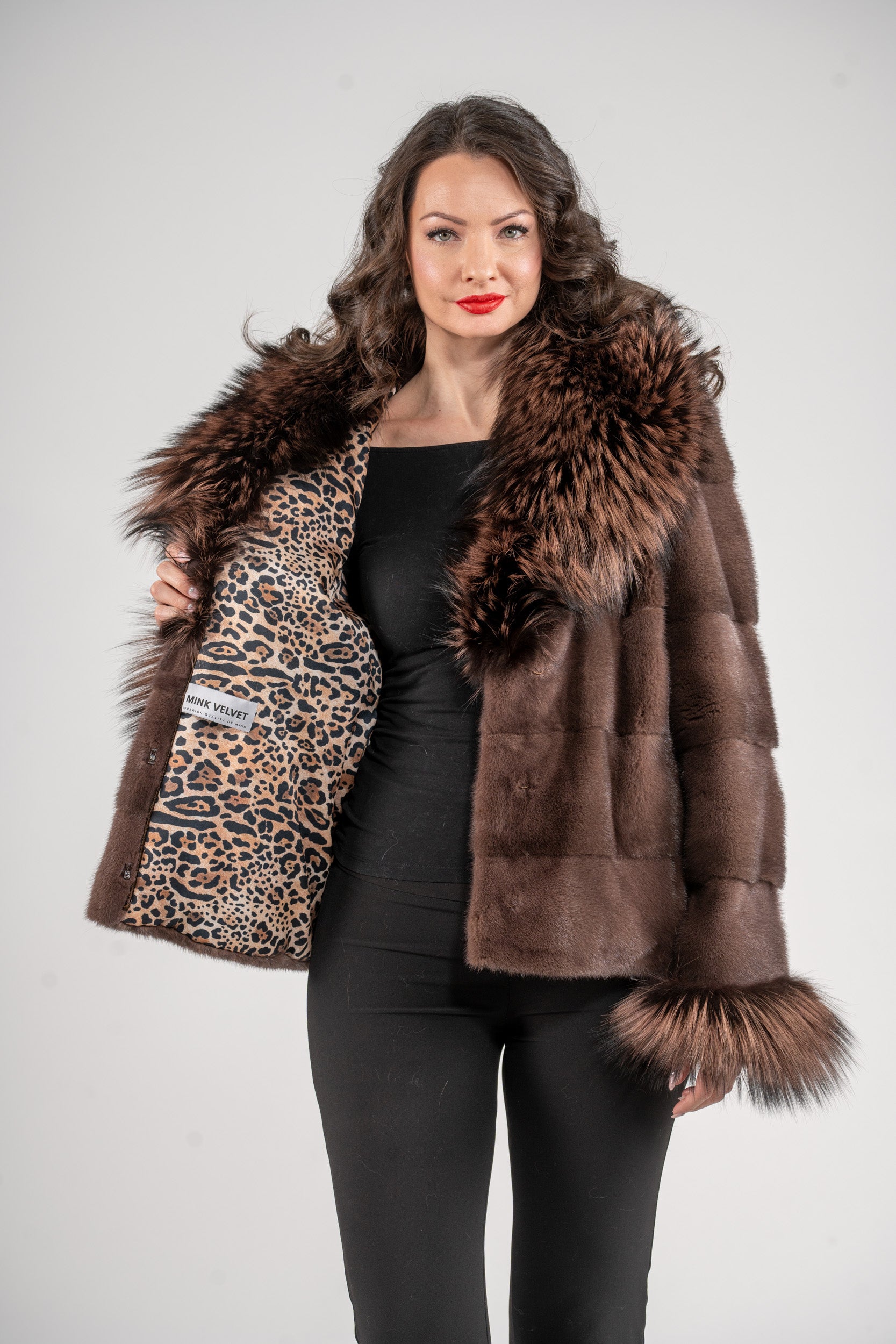Wood Mink Jacket with Fox Trimmed Shawl Collar P/K13C528C17