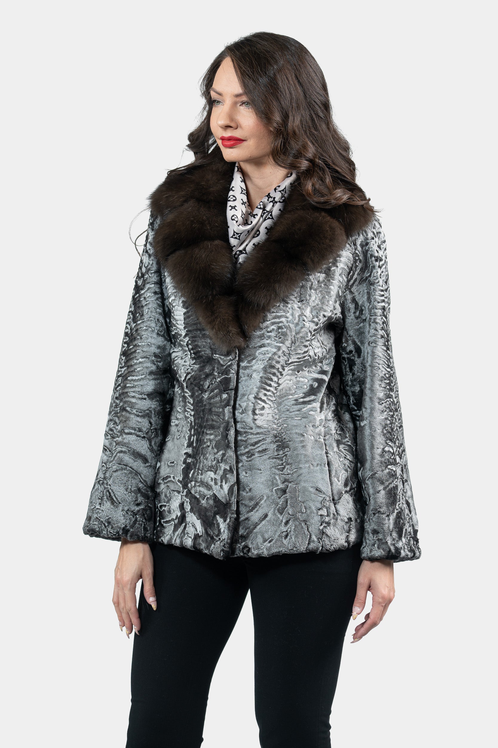 Silver Swakara Jacket with Russian Sable Notch Collar S/S13C528