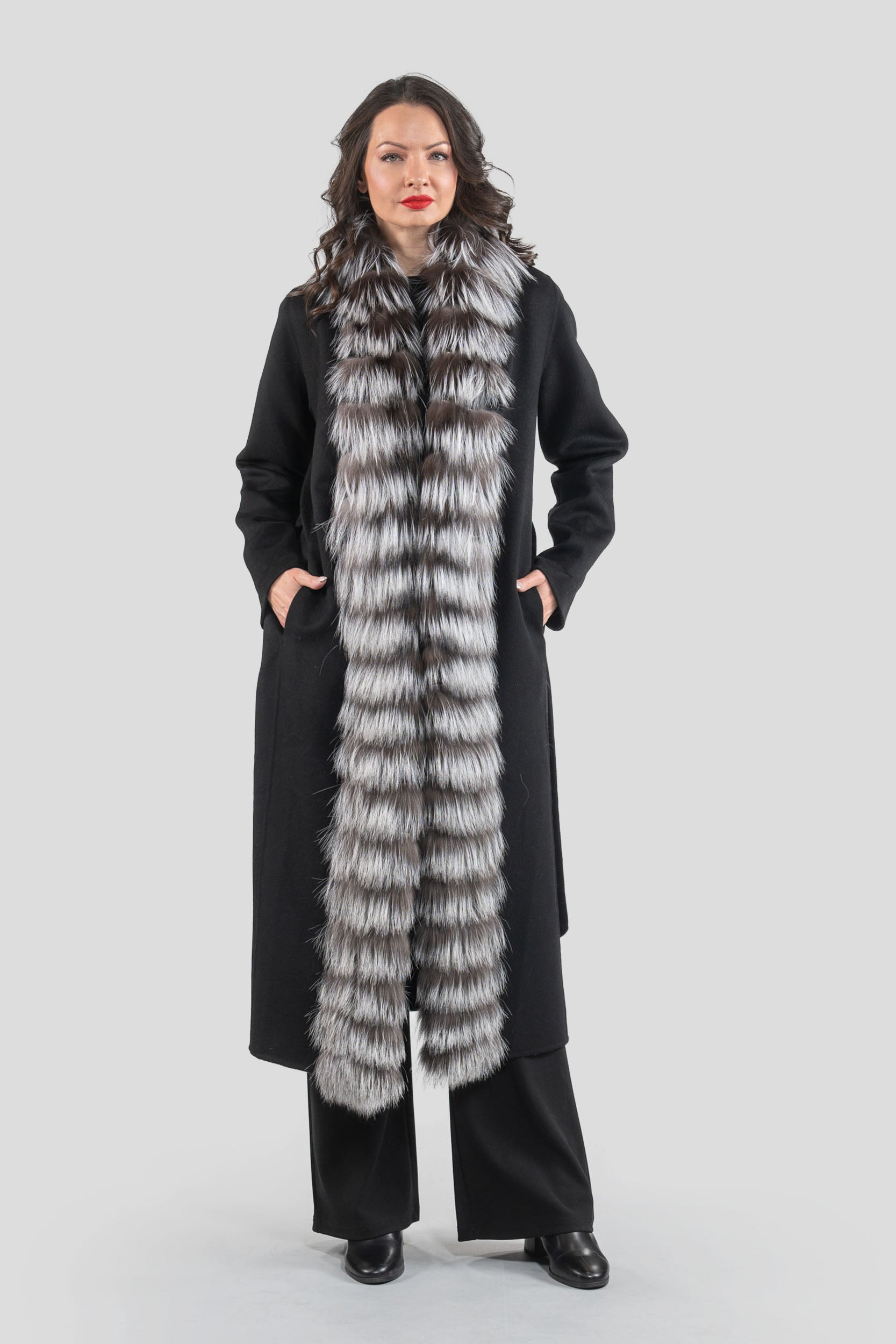 Black Cashmere Coat with Fox Trim 21C6080