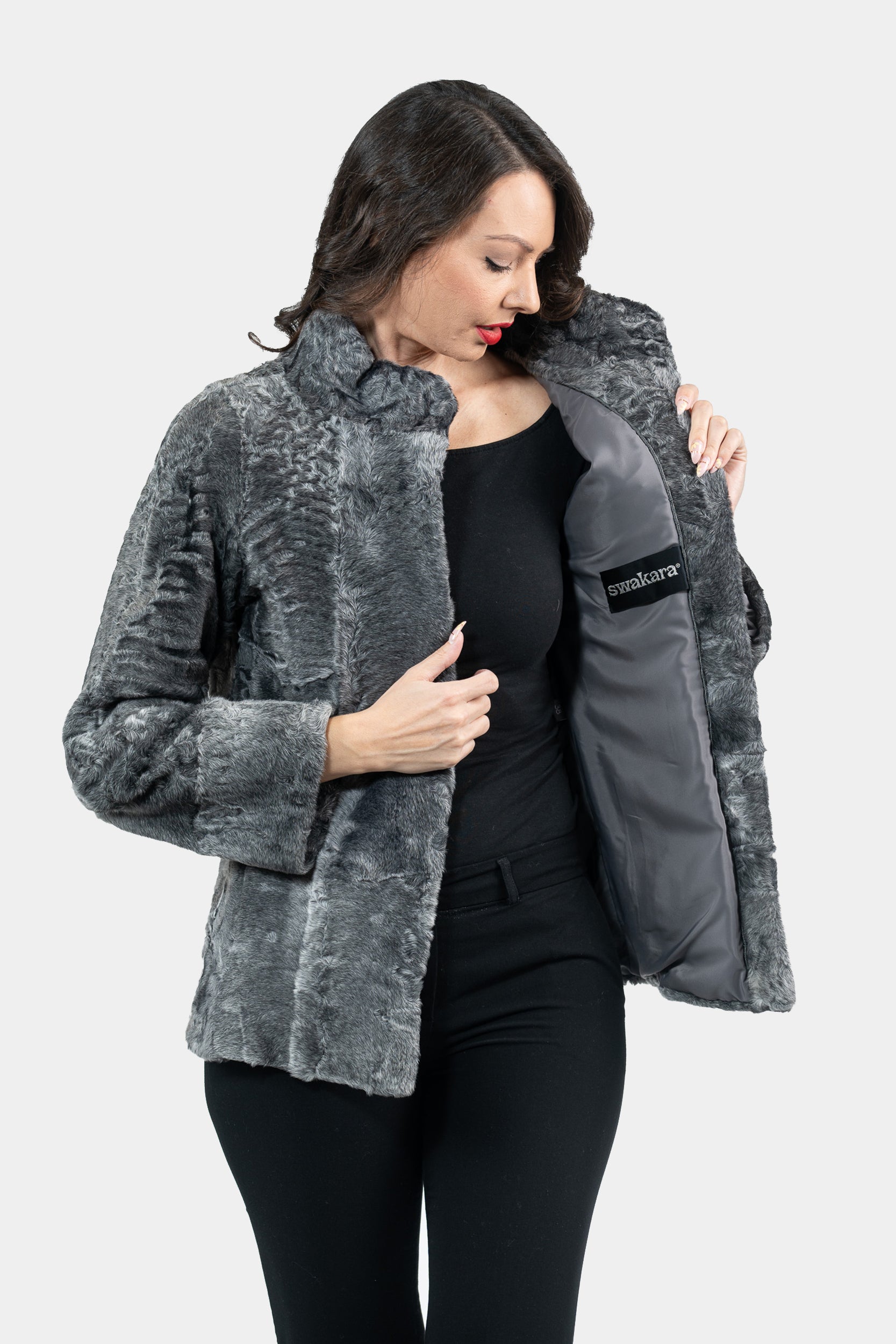 Gray Swakara Jacket with Stand Collar S/S13C528