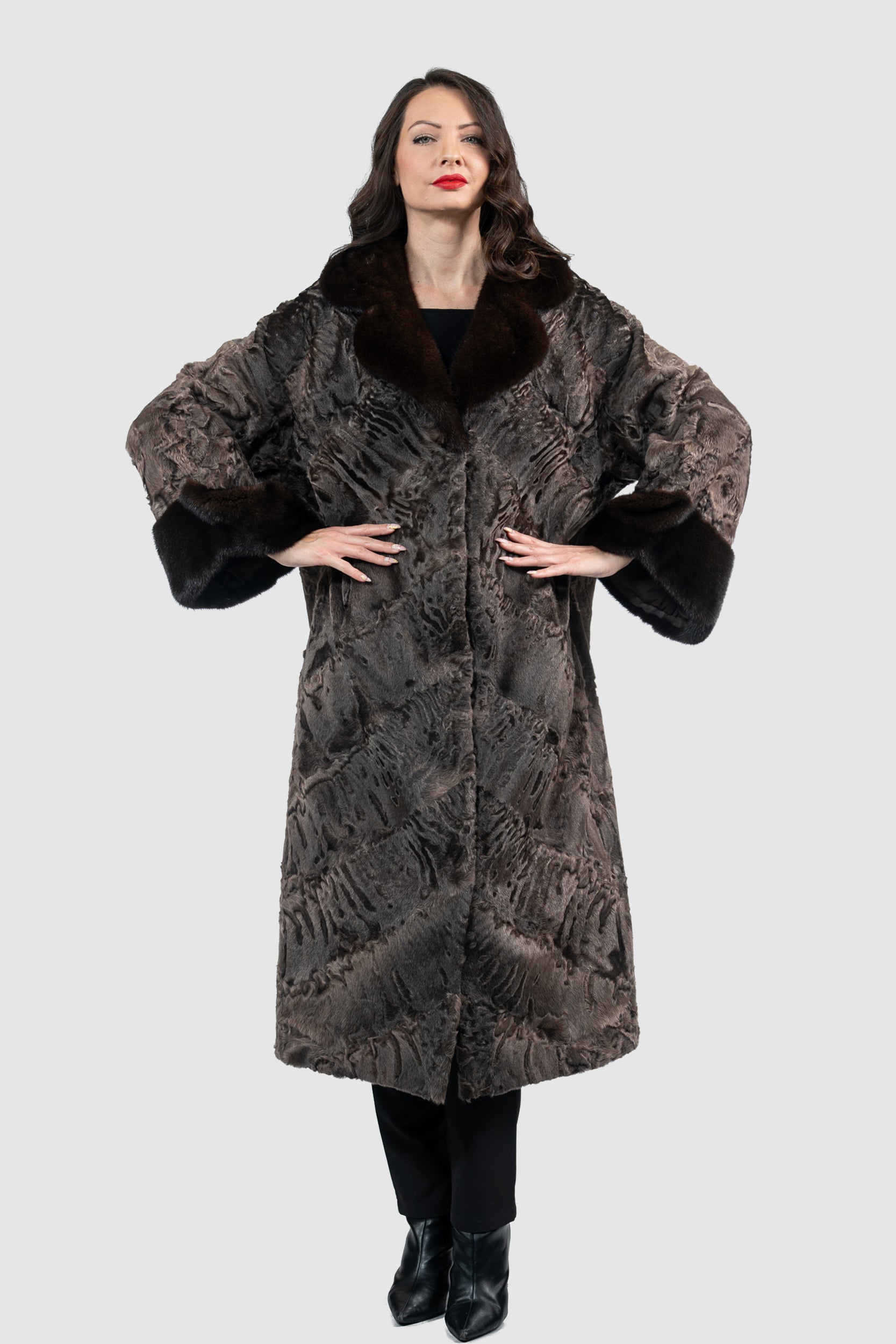 Chocolate Swakara Coat with Mink Trim A/K13C848gs20v30