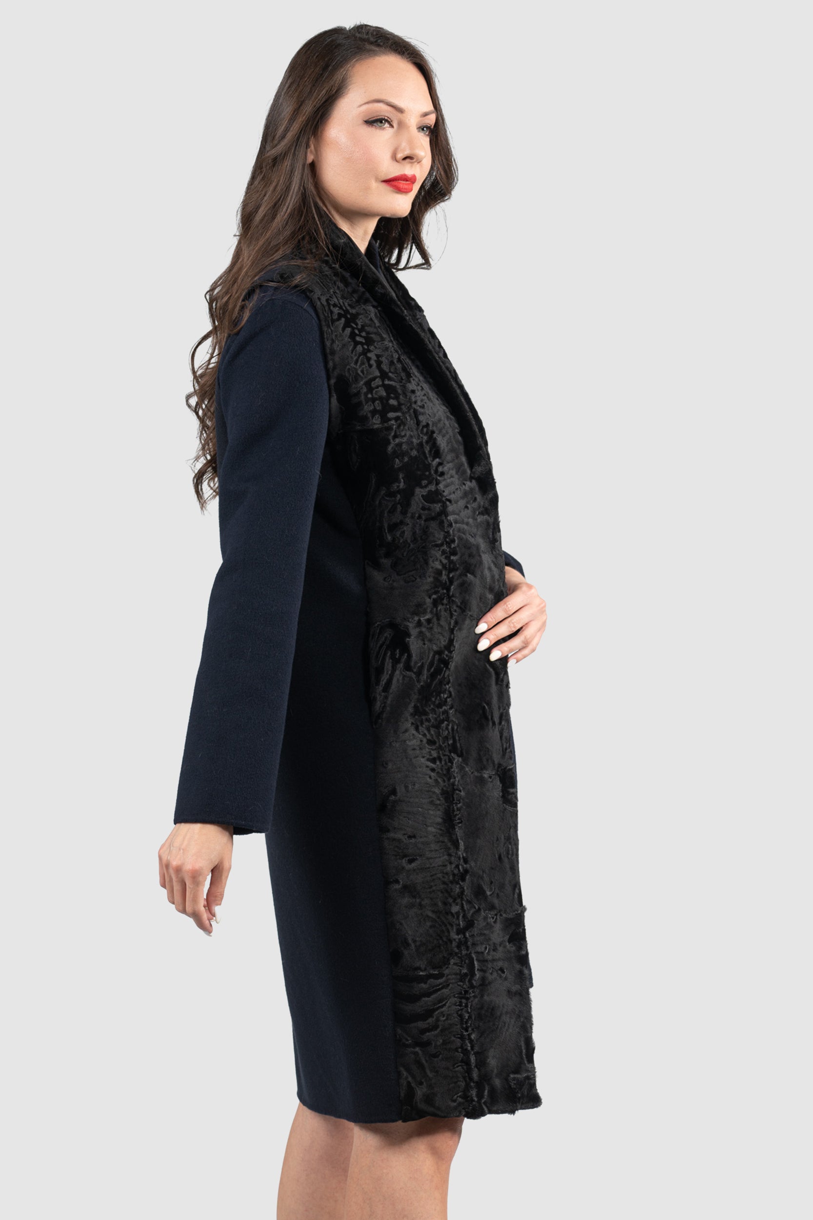Women's Cashmere Half Coat & Vest with Swakara Trim 17C8003