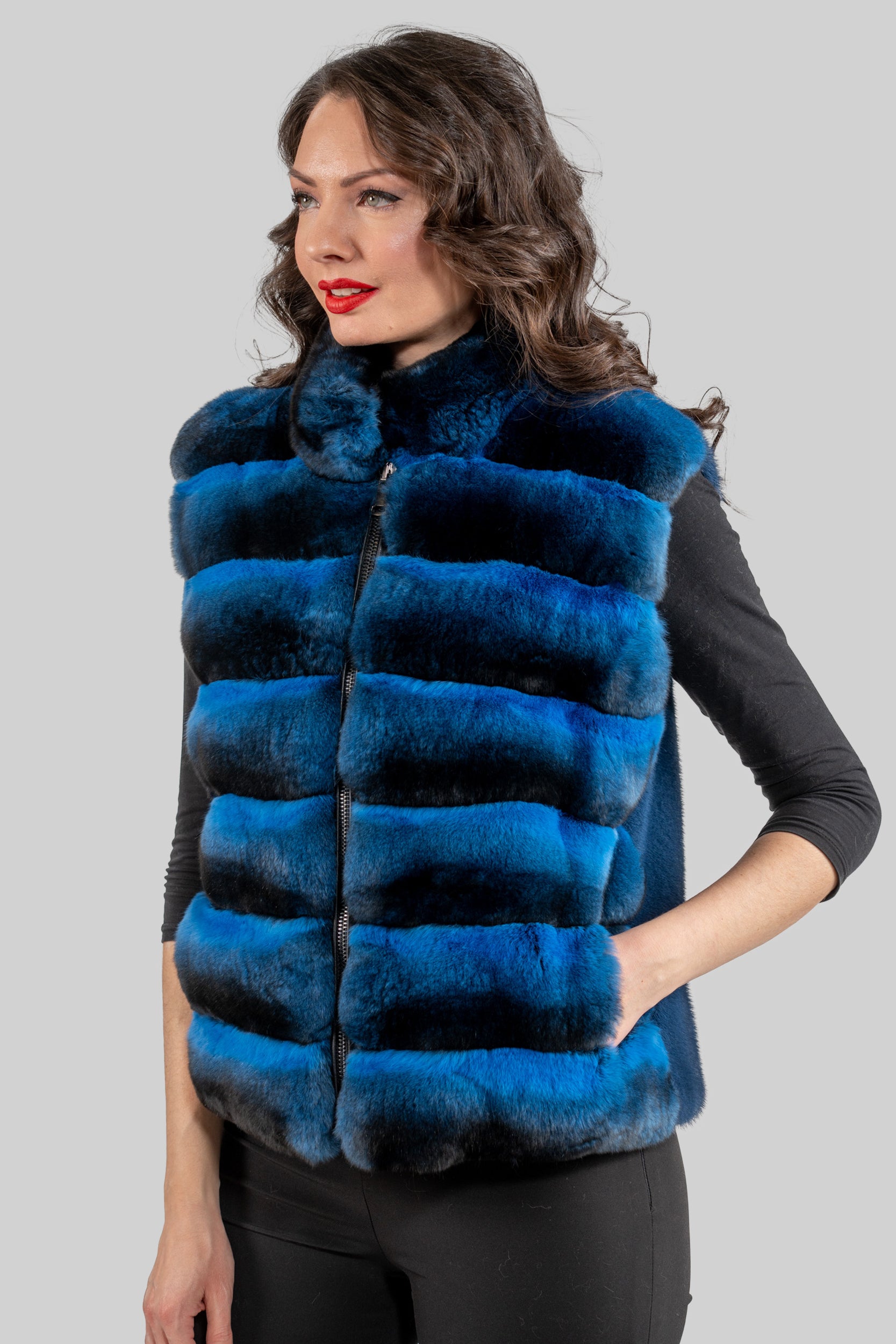 Bluejean Chinchilla Fur Vest with Stand Collar and Mink Trim P/K2201