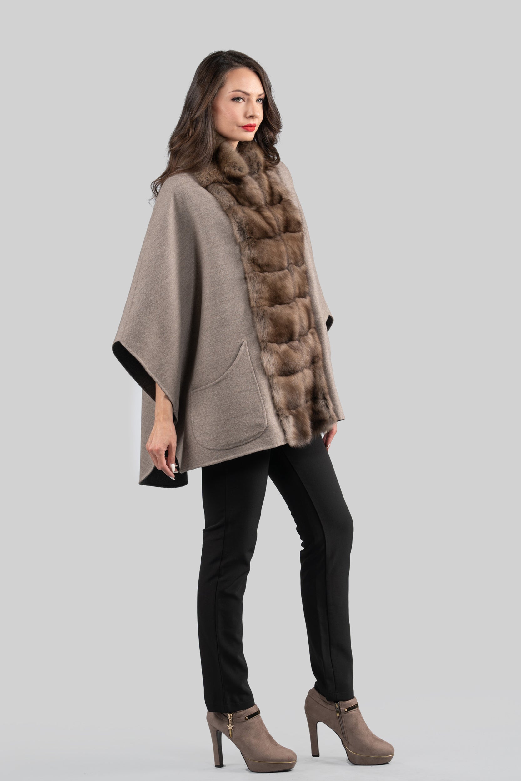 Grey Brown Cashmere Cape with Russian Sable Trim 18M951