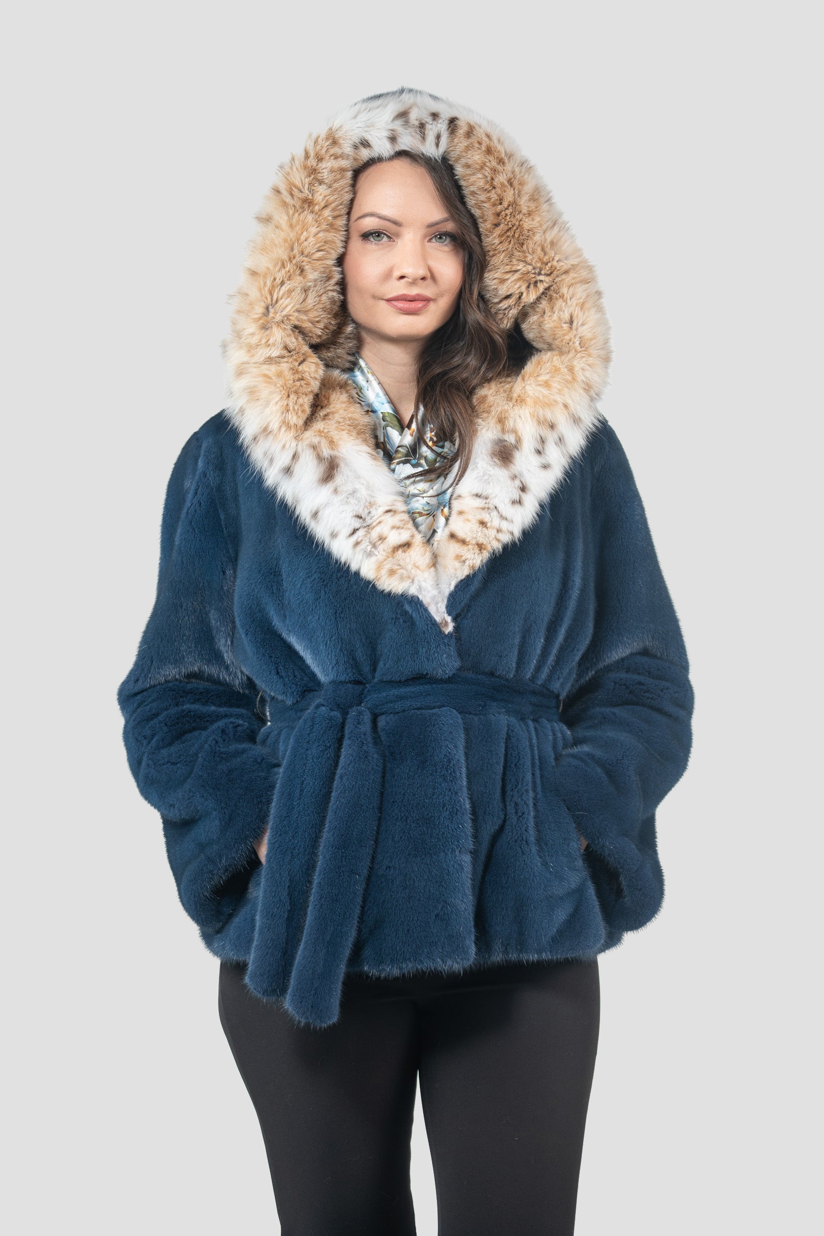 Blue Jean Mink Half Coat with Bobcat Hood L/O13C978