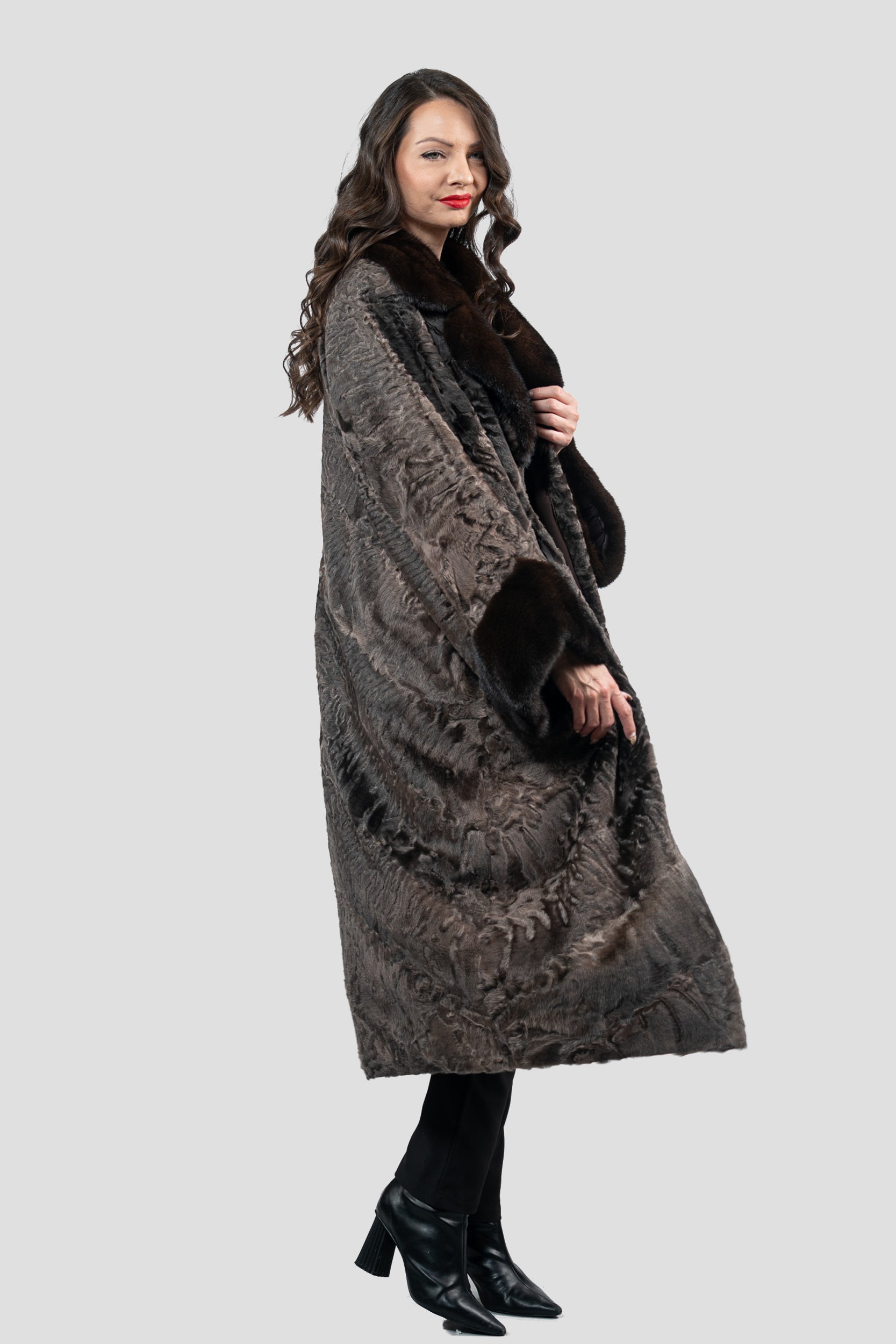 Chocolate Swakara Coat with Mink Trim A/K13C848gs20v30