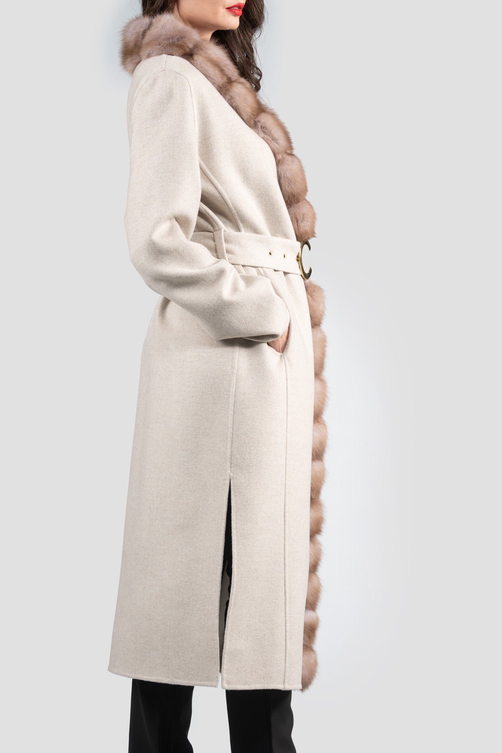 White Ecru Cashmere Coat with Russian Sable Trim 21C6080