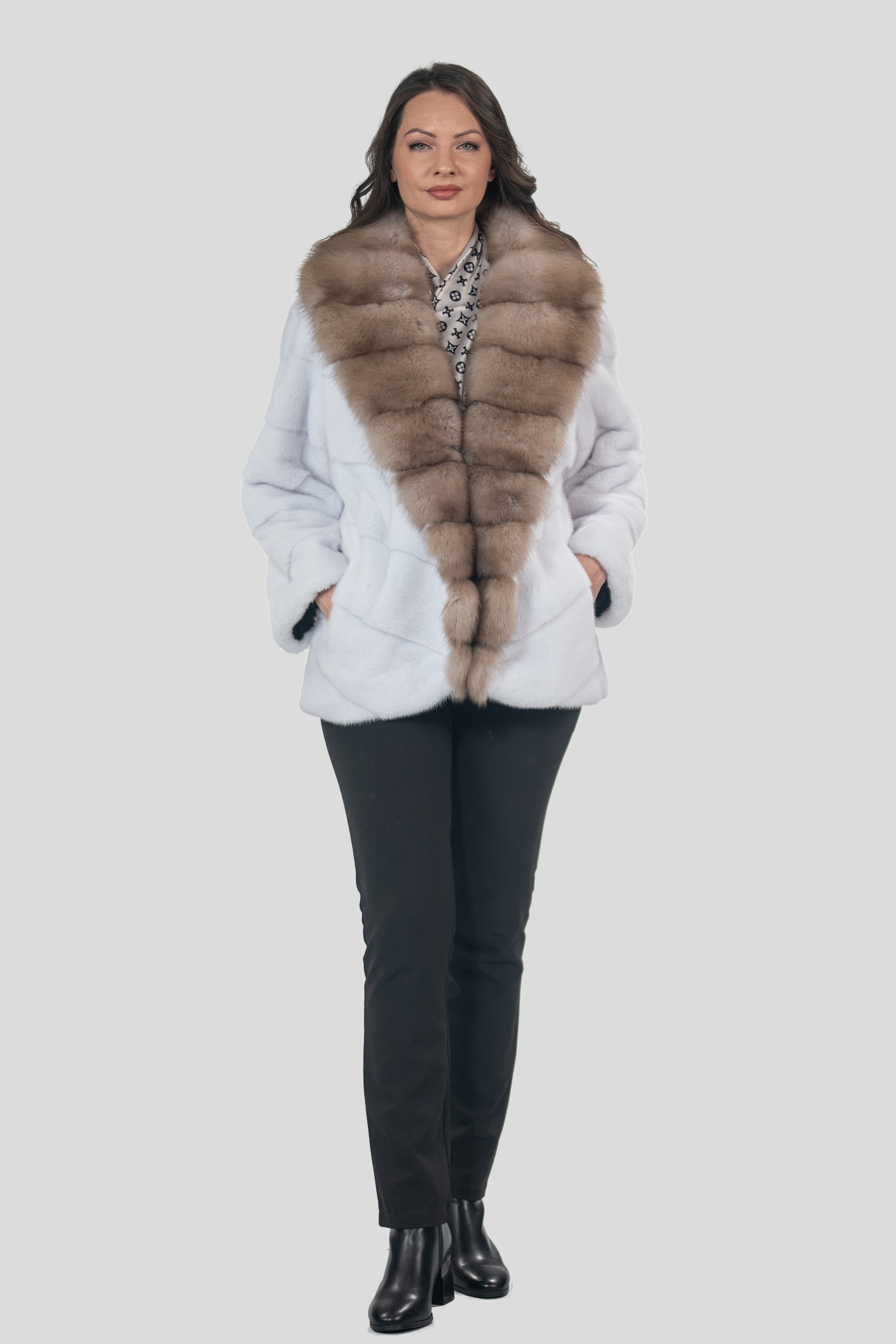White Mink Half Coat with Baumarten Trim V/K19C123