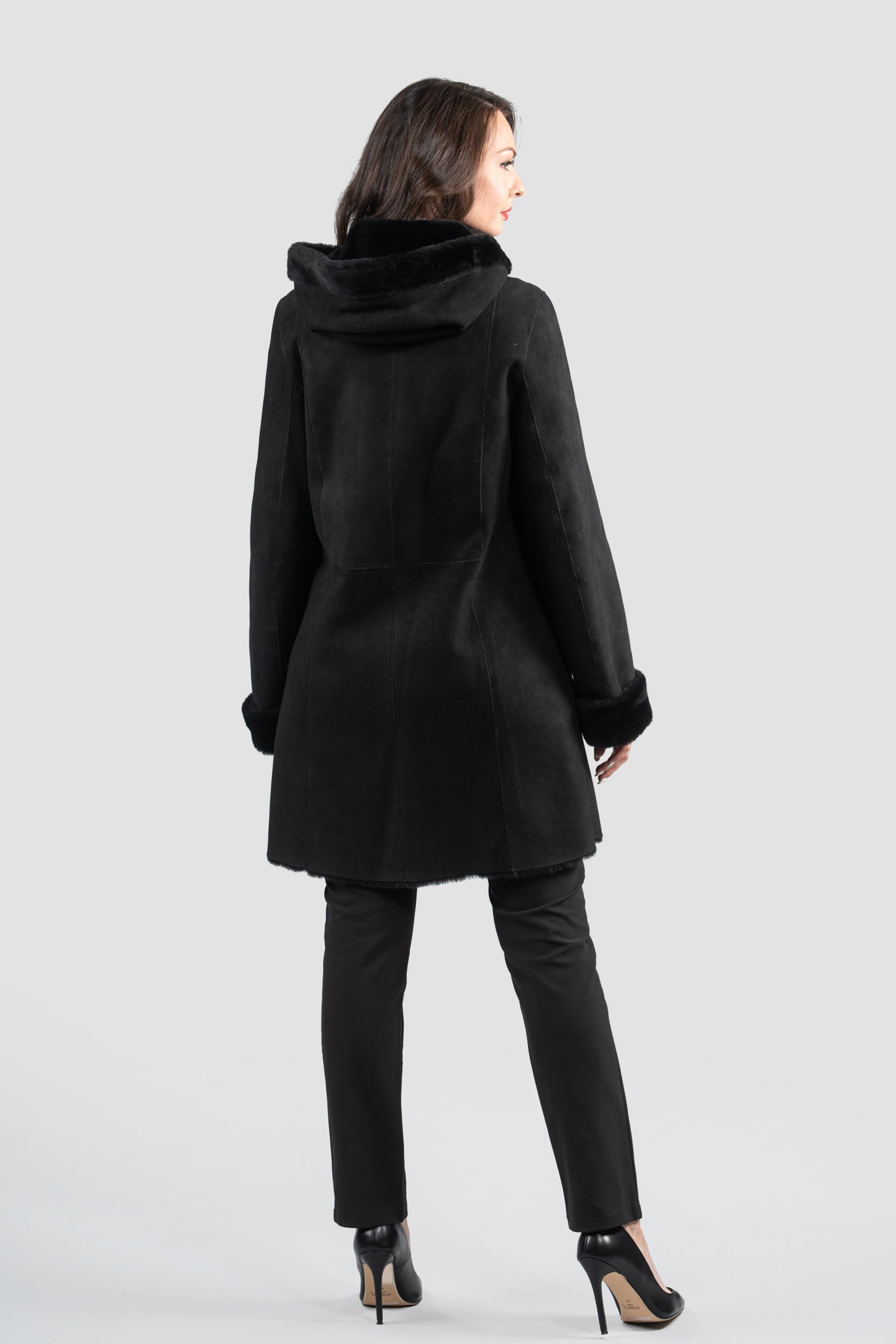 Hooded Black Half Coat In Spanish Merino 207H